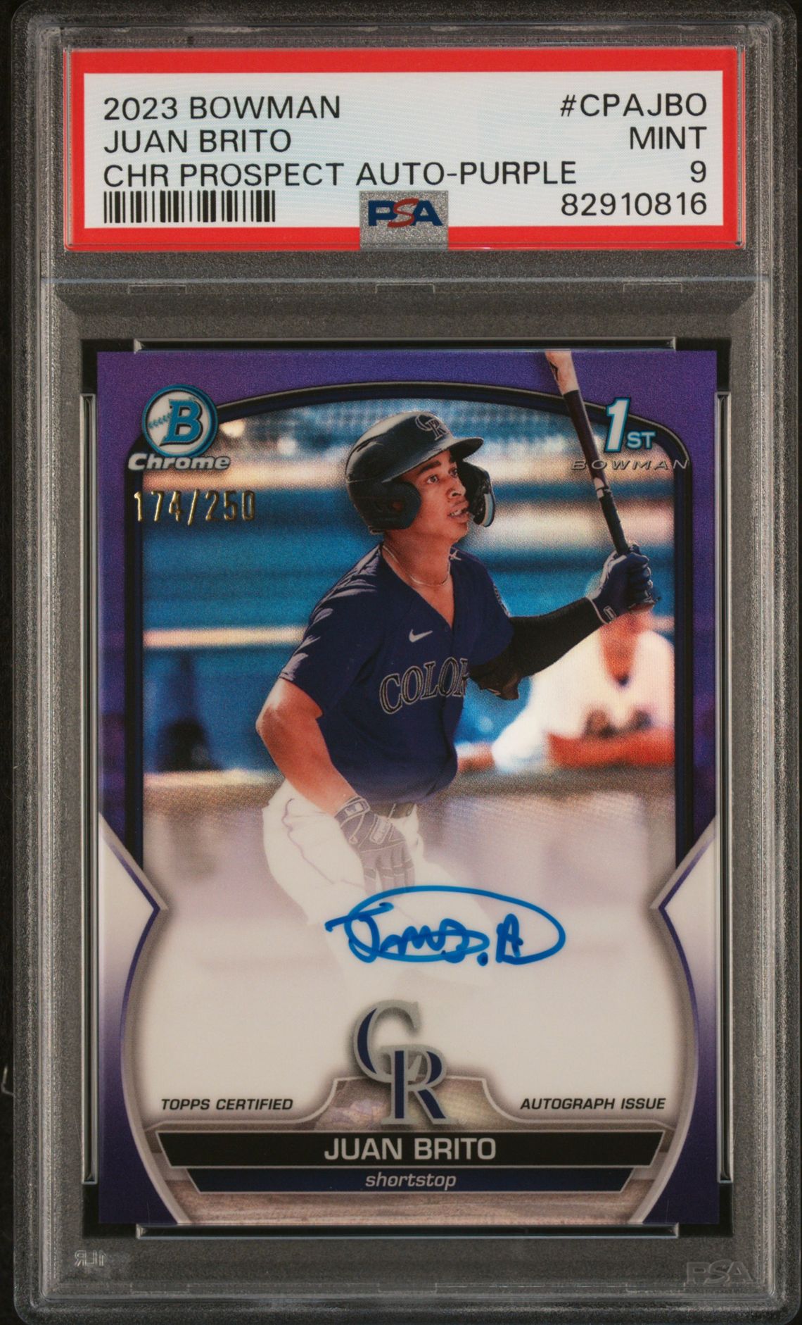 2023 Bowman Chrome Prospect Autographs Juan Brito #Cpajbo (Chr Prospect Au-Purple Ref) Mint 9 front