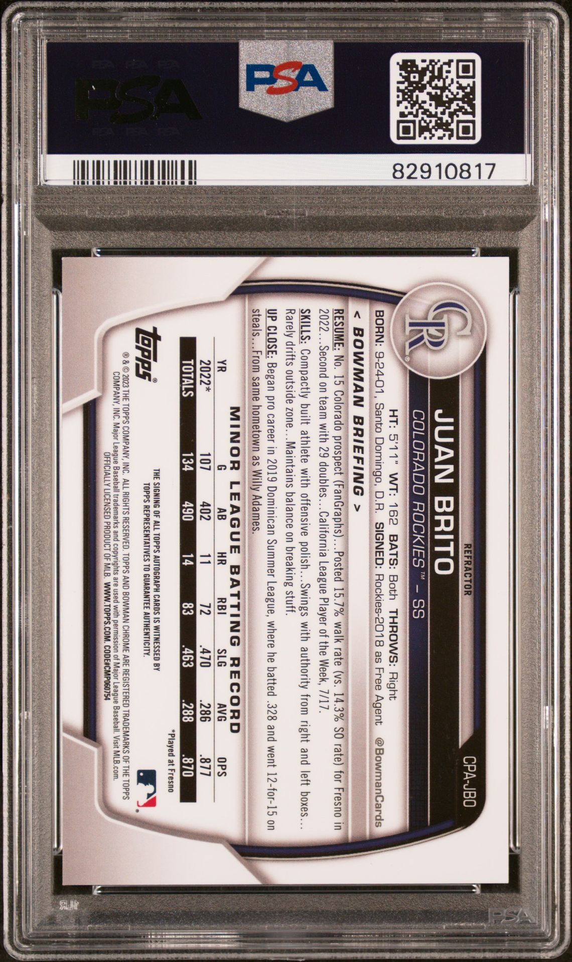 2023 Bowman Chrome Prospect Autographs Juan Brito #Cpajbo (Chr Pros Auto-Refractor) Mint 9 back