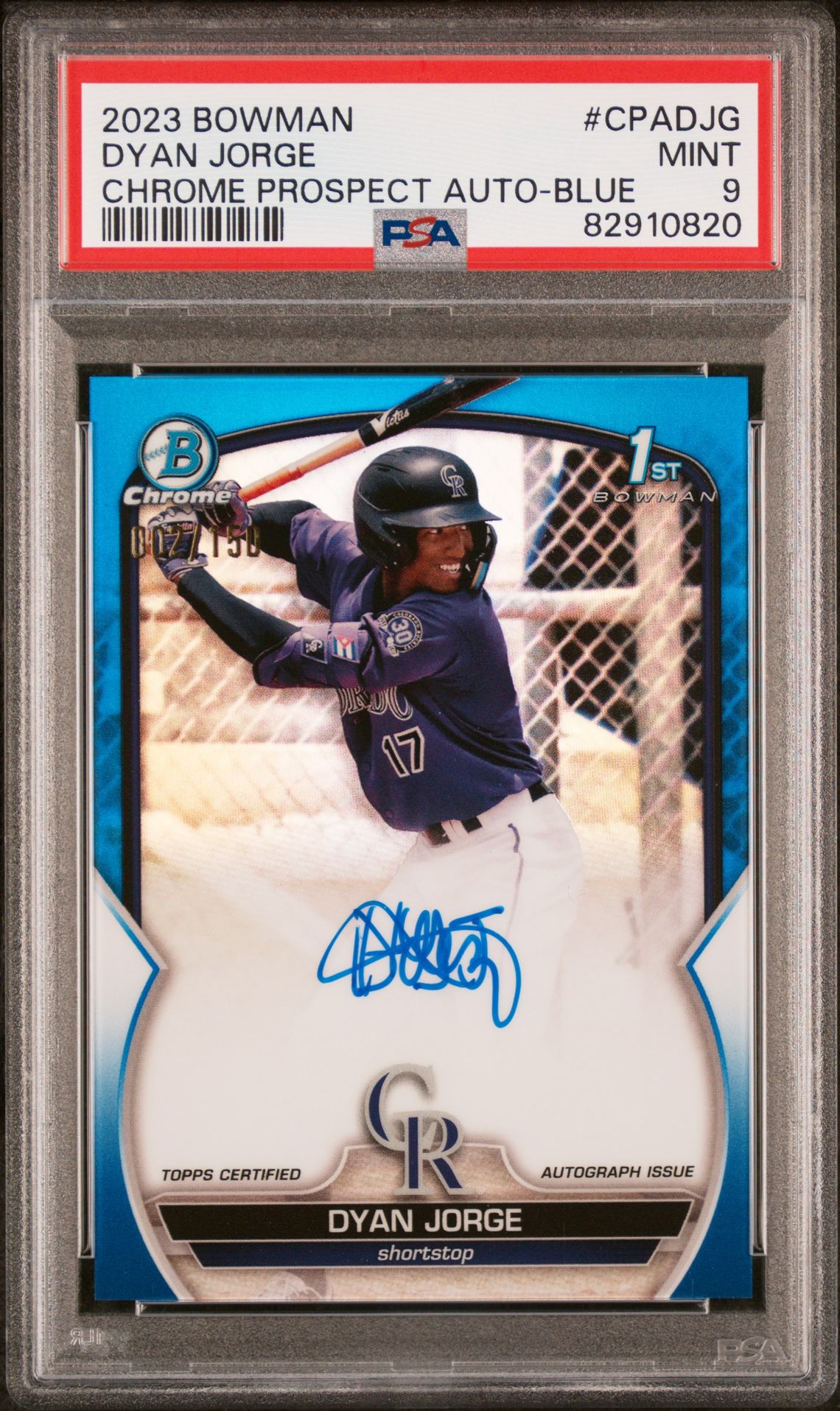 2023 Bowman Chrome Prospect Autographs Dyan Jorge #Cpadjg (Chr Prospect Auto-Blue Ref) Mint 9 front