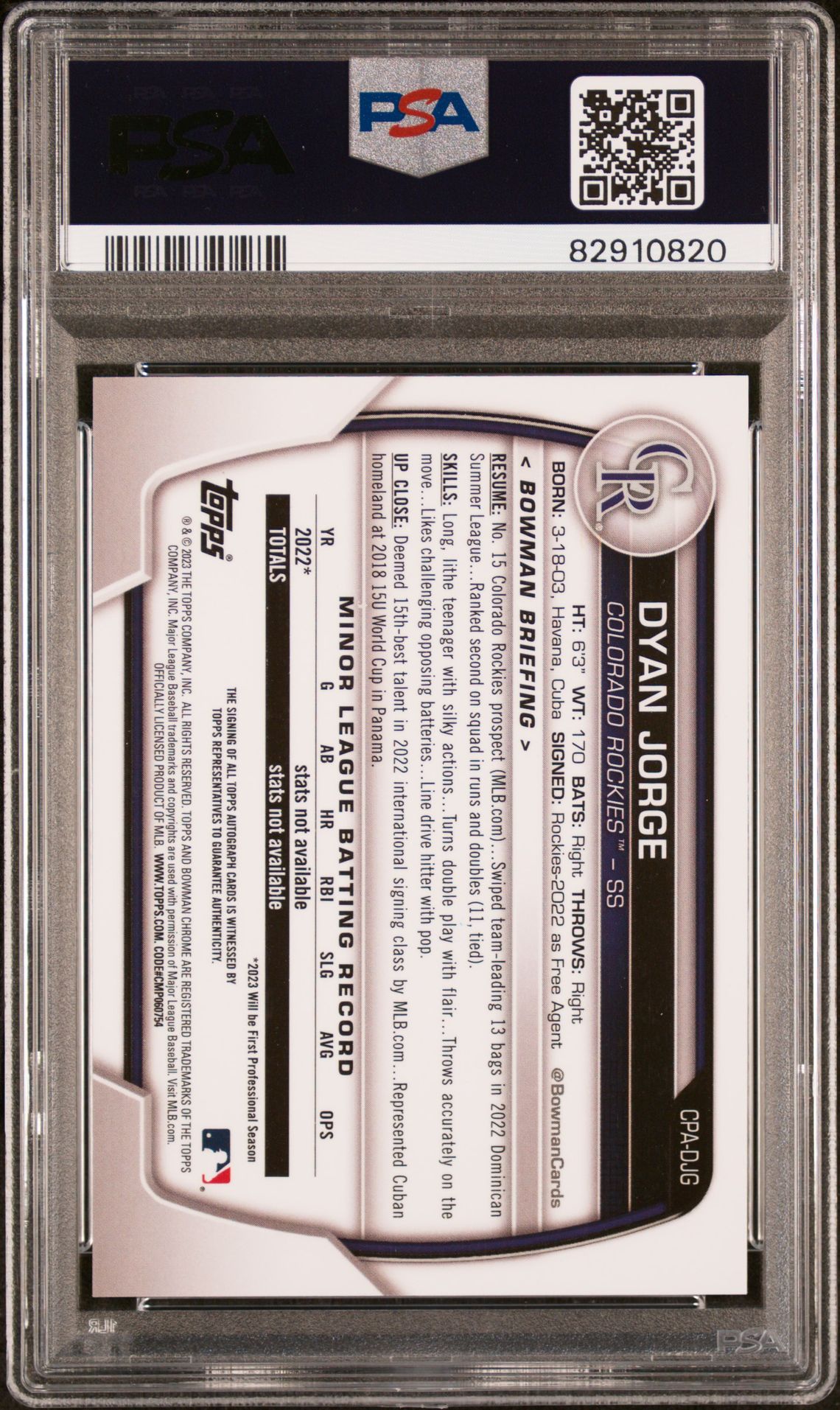 2023 Bowman Chrome Prospect Autographs Dyan Jorge #Cpadjg (Chr Prospect Auto-Blue Ref) Mint 9 back
