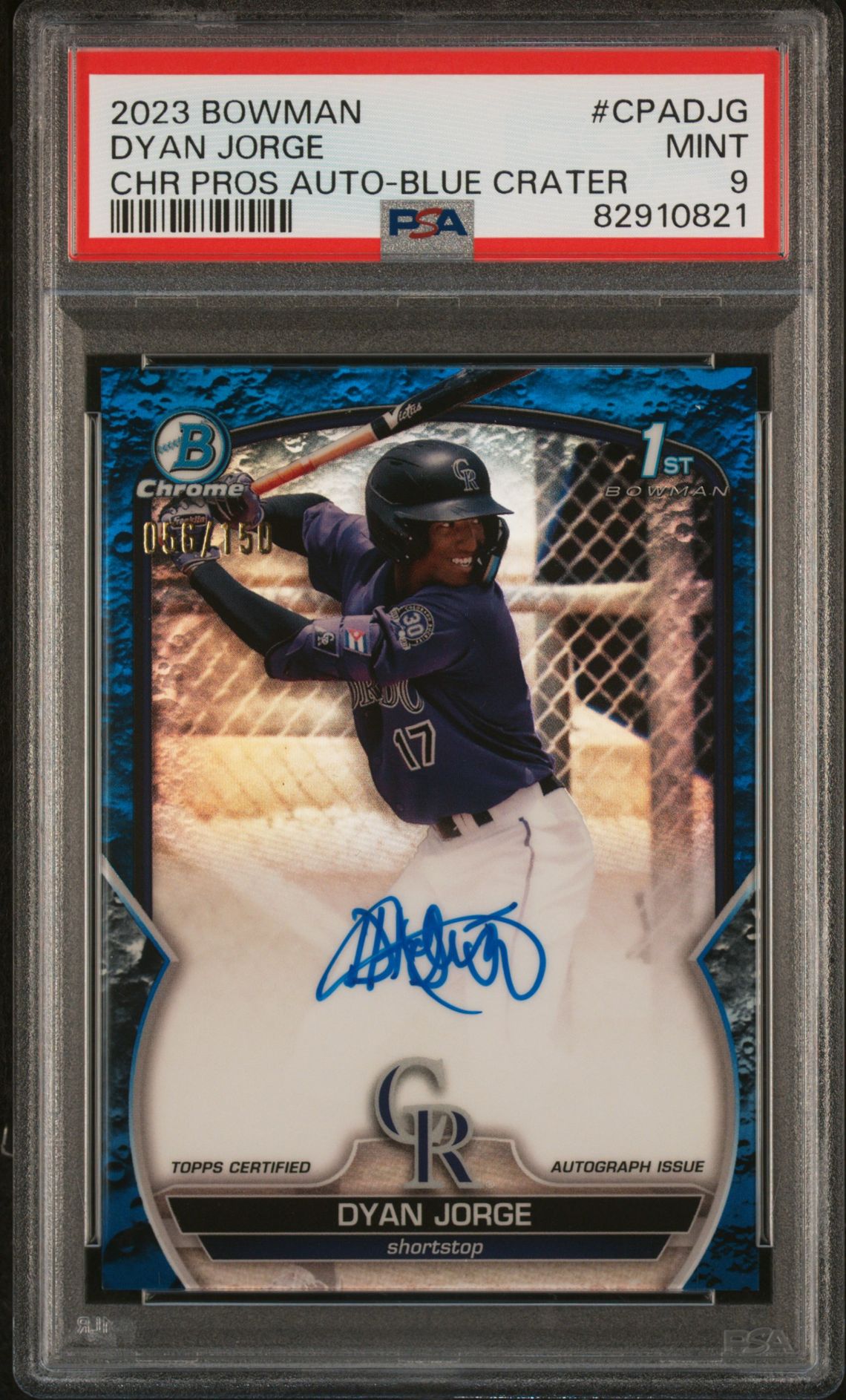 2023 Bowman Chrome Prospect Autographs Dyan Jorge #Cpadjg (Chr Pros Au-Blue Crater Ref) Mint 9 front