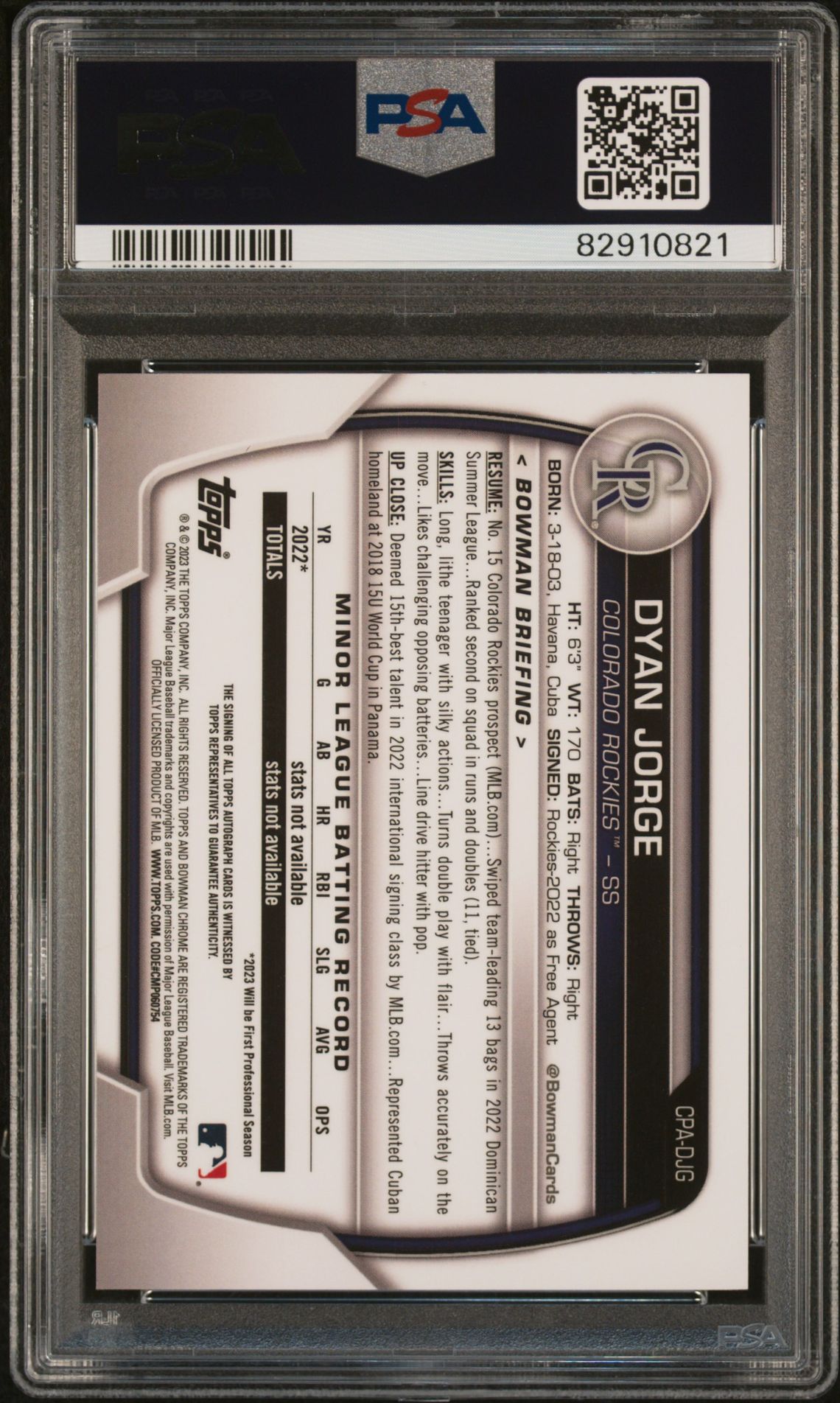2023 Bowman Chrome Prospect Autographs Dyan Jorge #Cpadjg (Chr Pros Au-Blue Crater Ref) Mint 9 back