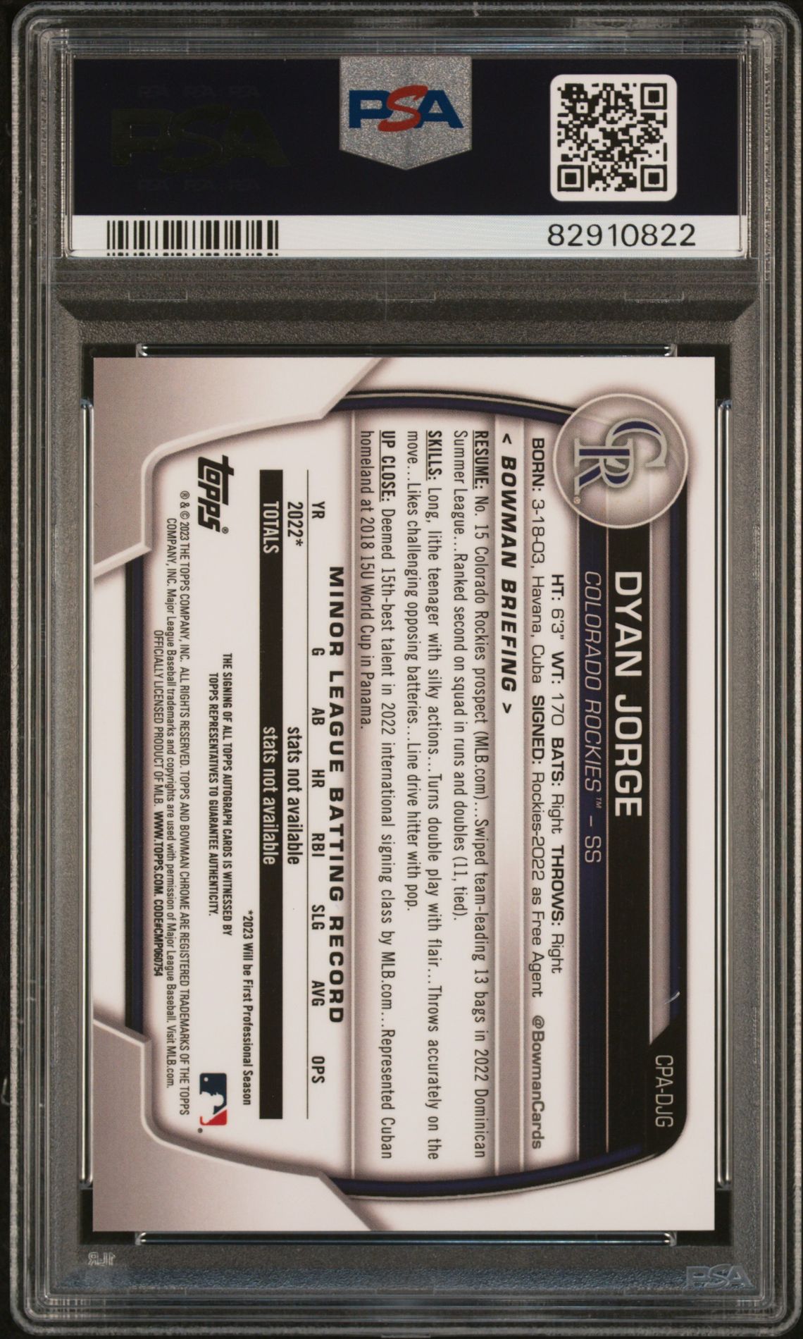 2023 Bowman Chrome Prospect Autographs Dyan Jorge #Cpadjg (Chr Pros Au-Blue Crater Ref) Gem Mt 10 back