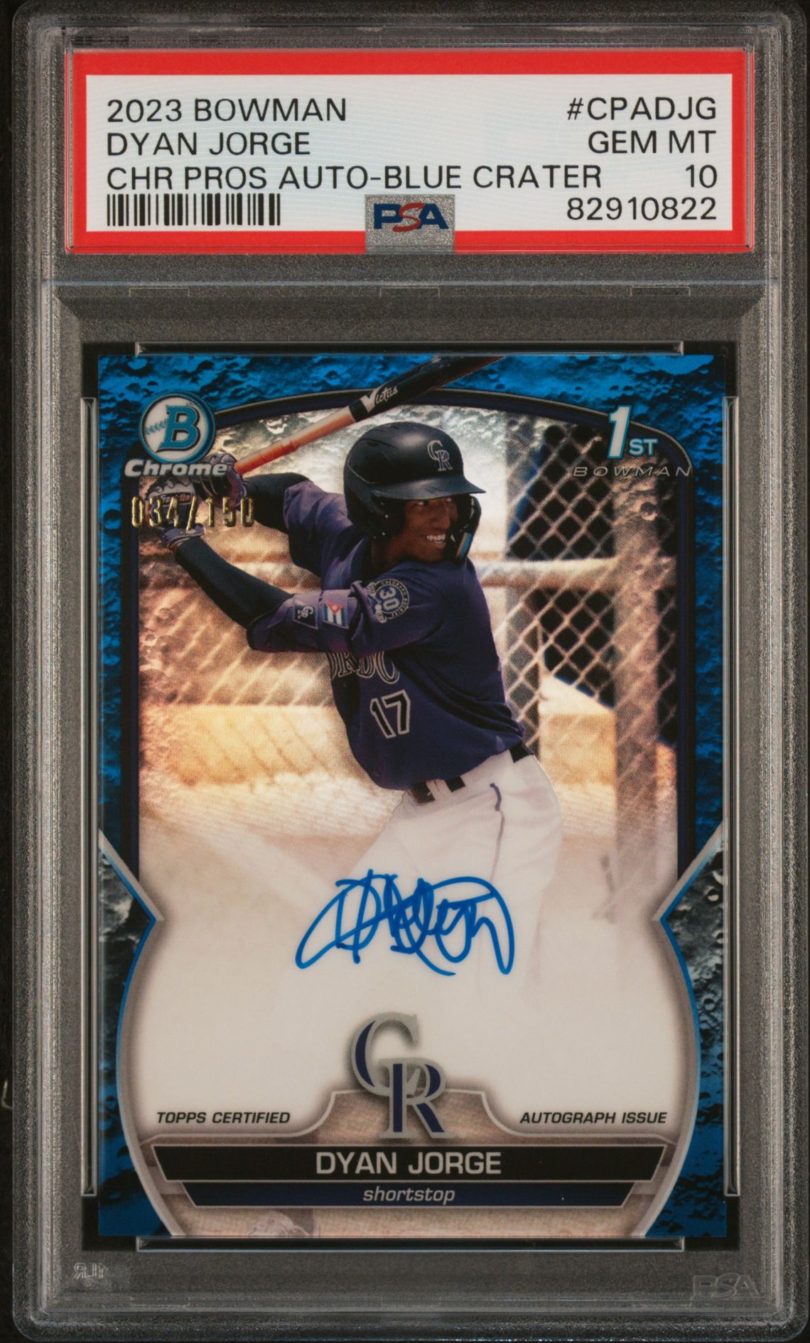 2023 Bowman Chrome Prospect Autographs Dyan Jorge #Cpadjg (Chr Pros Au-Blue Crater Ref) Gem Mt 10 front