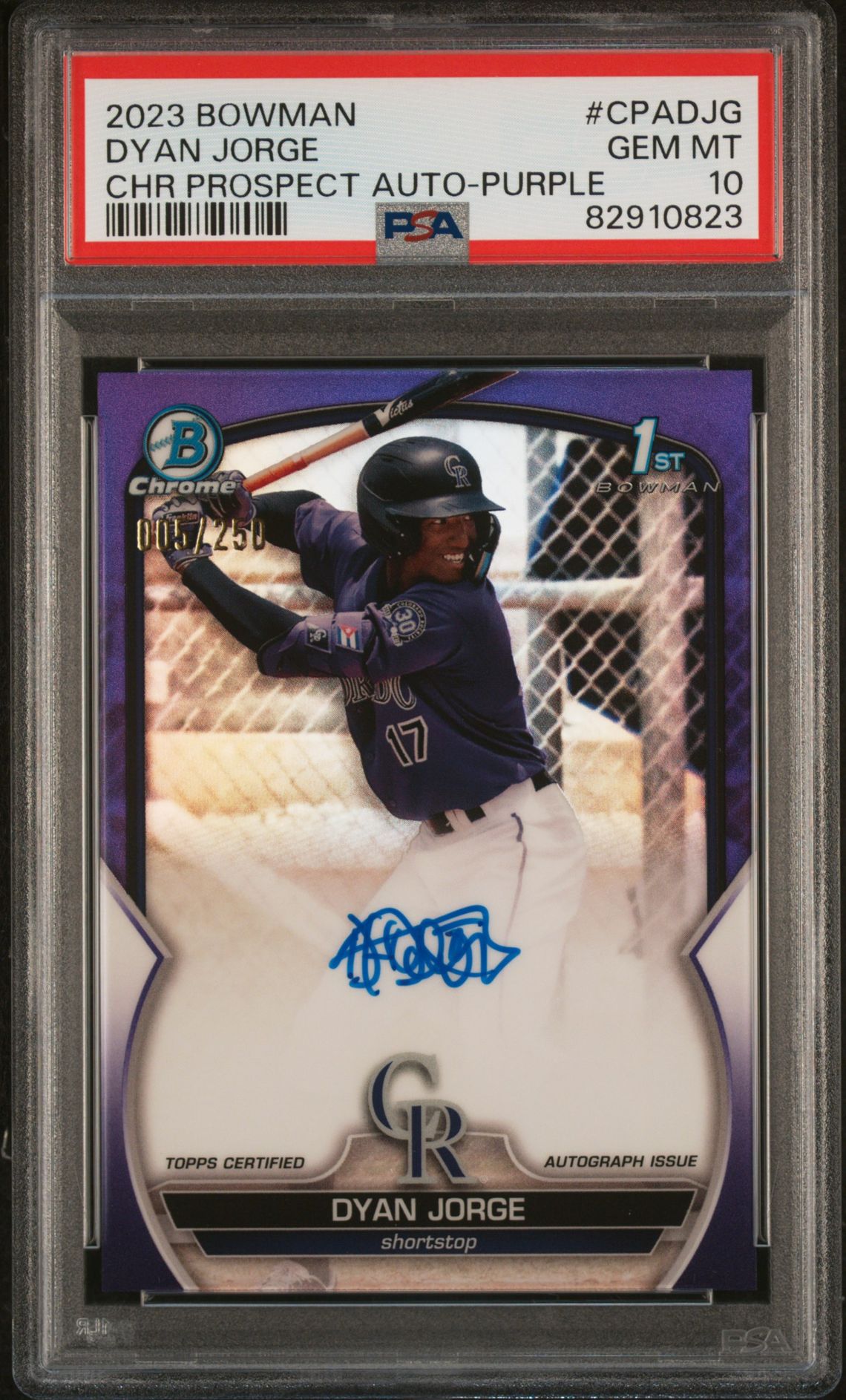 2023 Bowman Chrome Prospect Autographs Dyan Jorge #Cpadjg (Chr Prospect Au-Purple Ref) Gem Mt 10 front view - PSA graded GEM MT 10