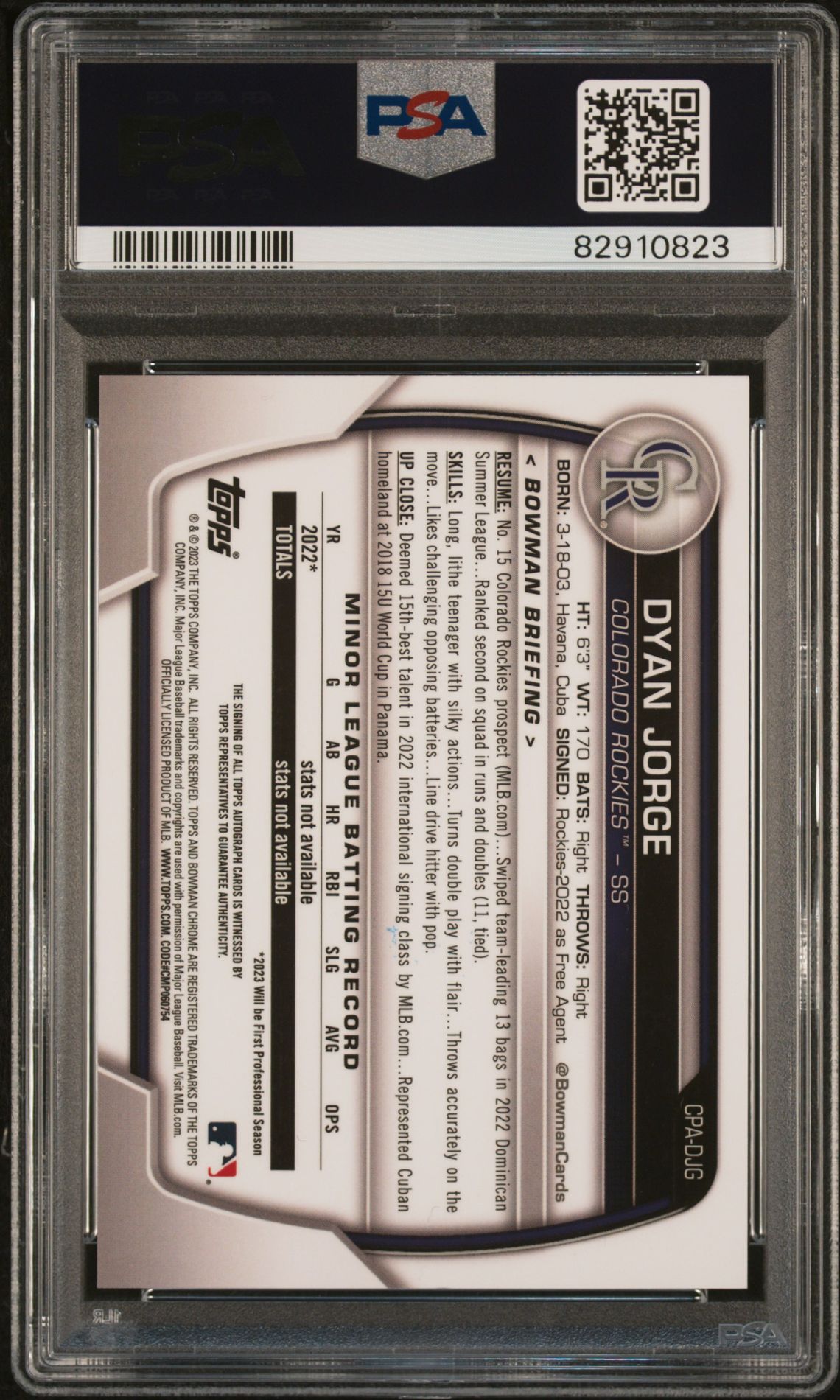 2023 Bowman Chrome Prospect Autographs Dyan Jorge #Cpadjg (Chr Prospect Au-Purple Ref) Gem Mt 10 back view - PSA certificate #82910823