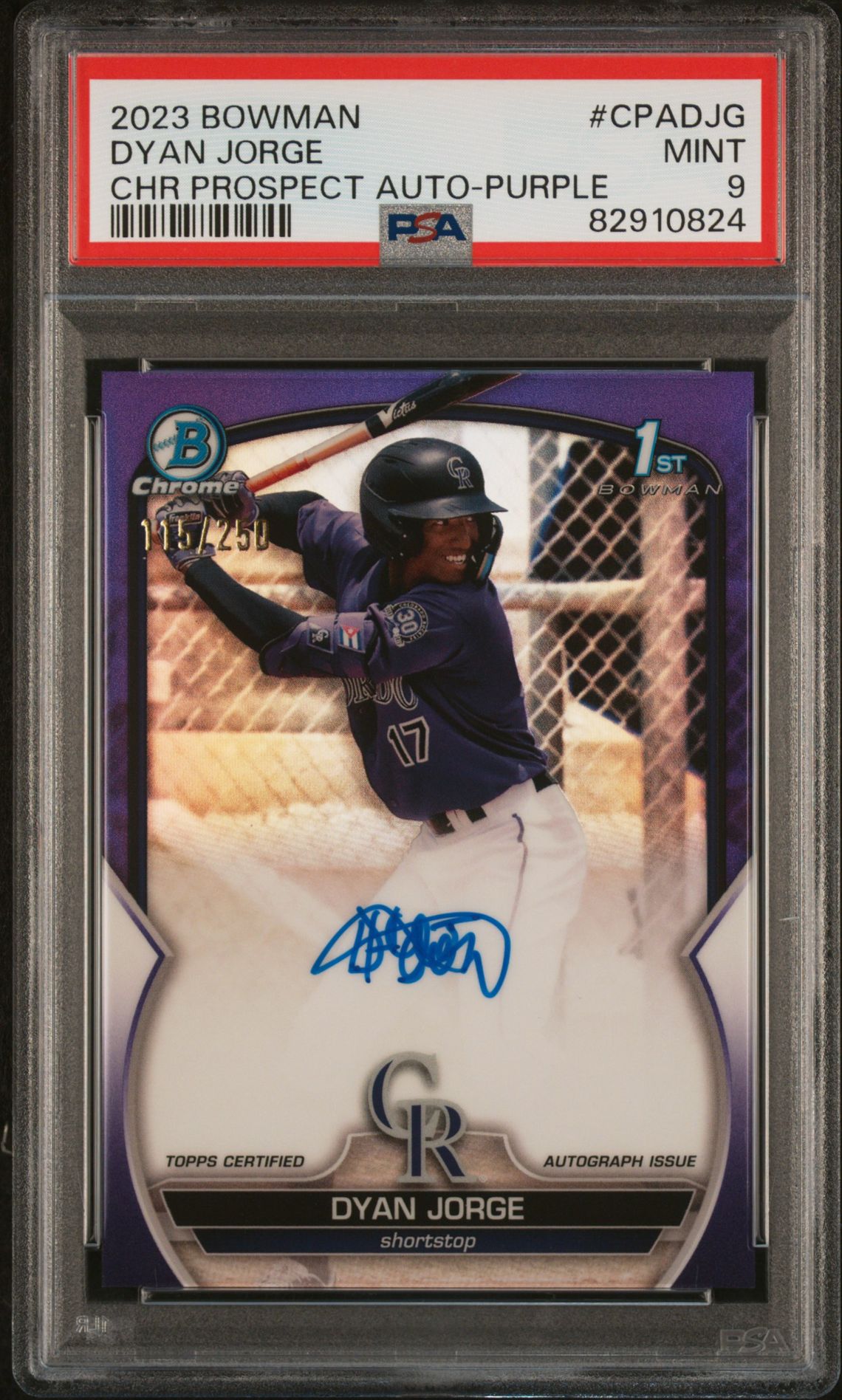 2023 Bowman Chrome Prospect Autographs Dyan Jorge #Cpadjg (Chr Prospect Au-Purple Ref) Mint 9 front