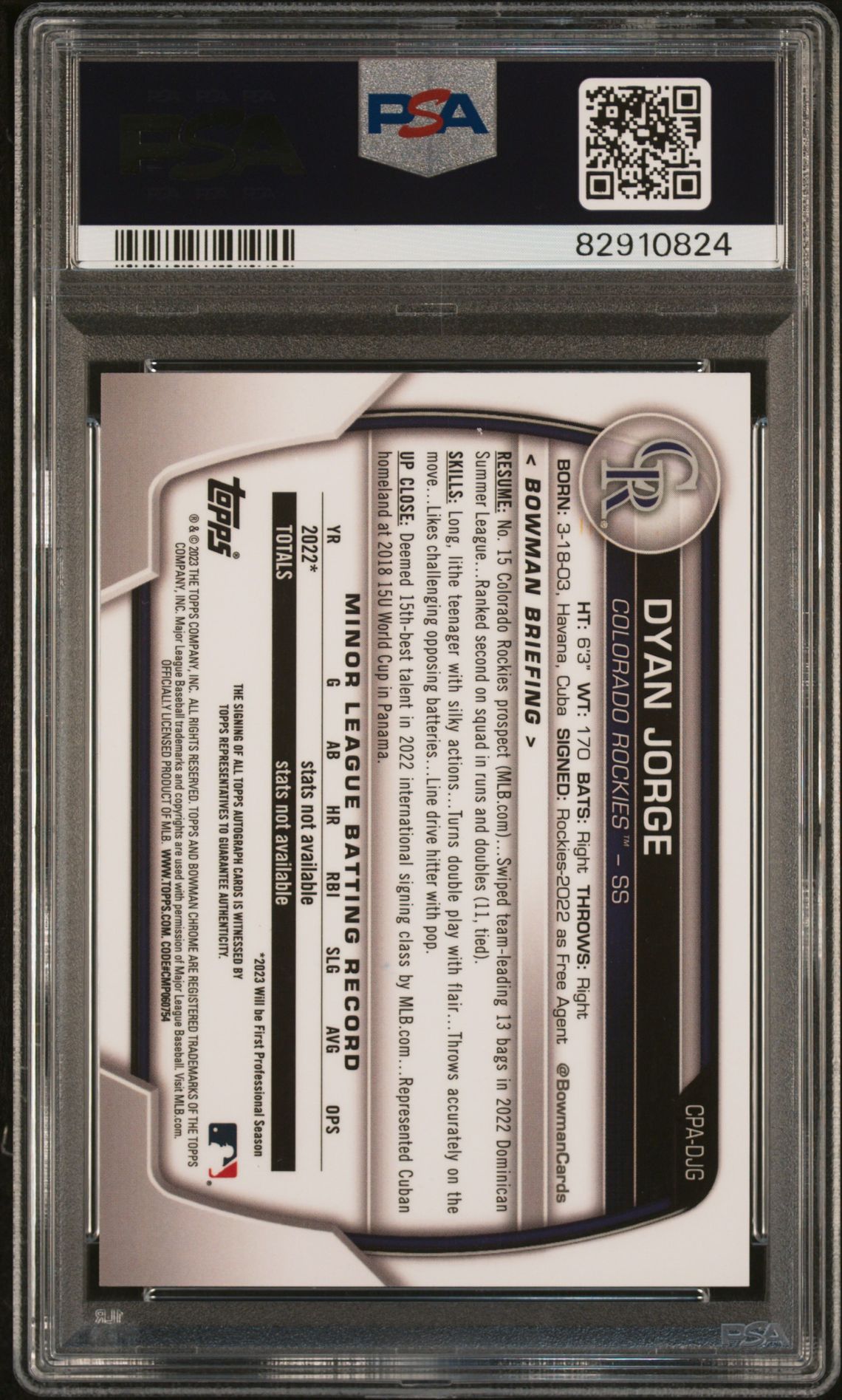 2023 Bowman Chrome Prospect Autographs Dyan Jorge #Cpadjg (Chr Prospect Au-Purple Ref) Mint 9 back