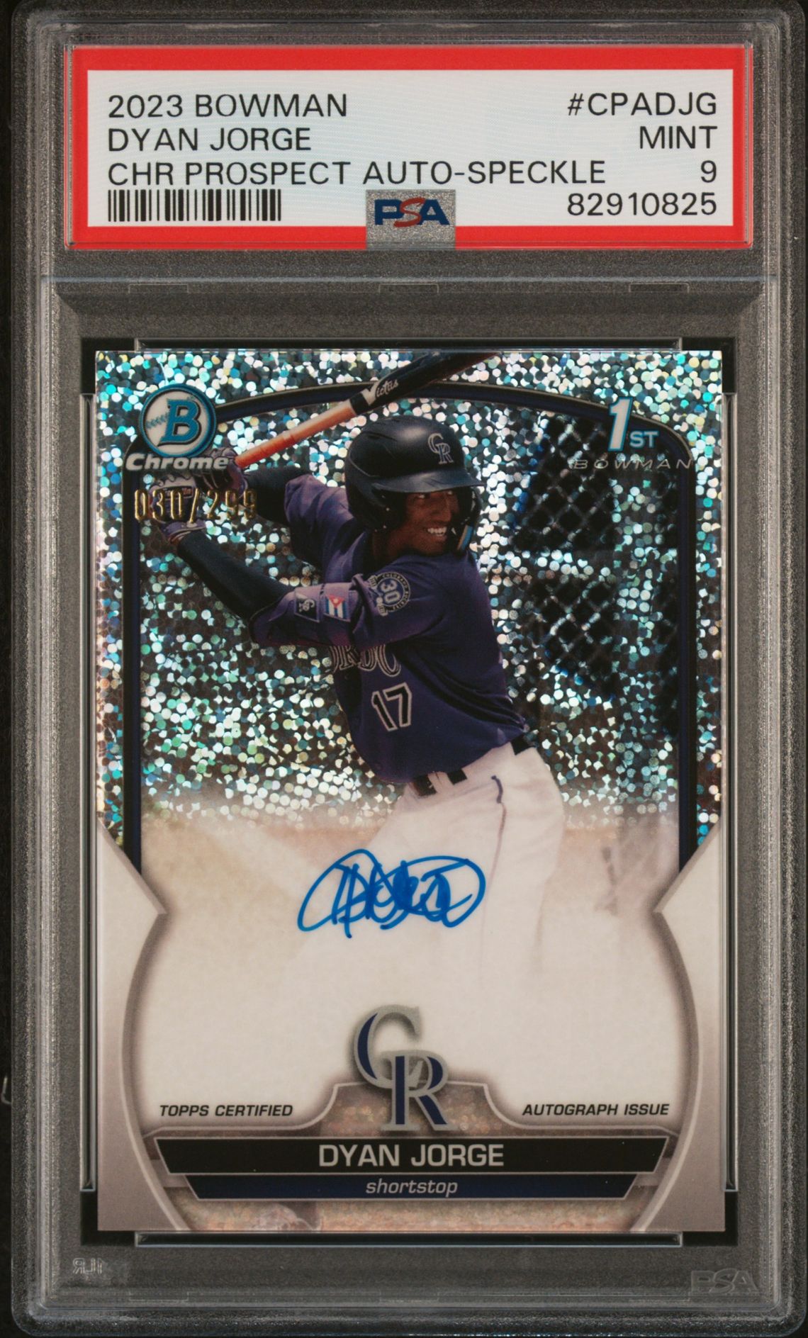 2023 Bowman Chrome Prospect Autographs Dyan Jorge #Cpadjg (Chr Prospect Au-Speckle Ref) Mint 9 front