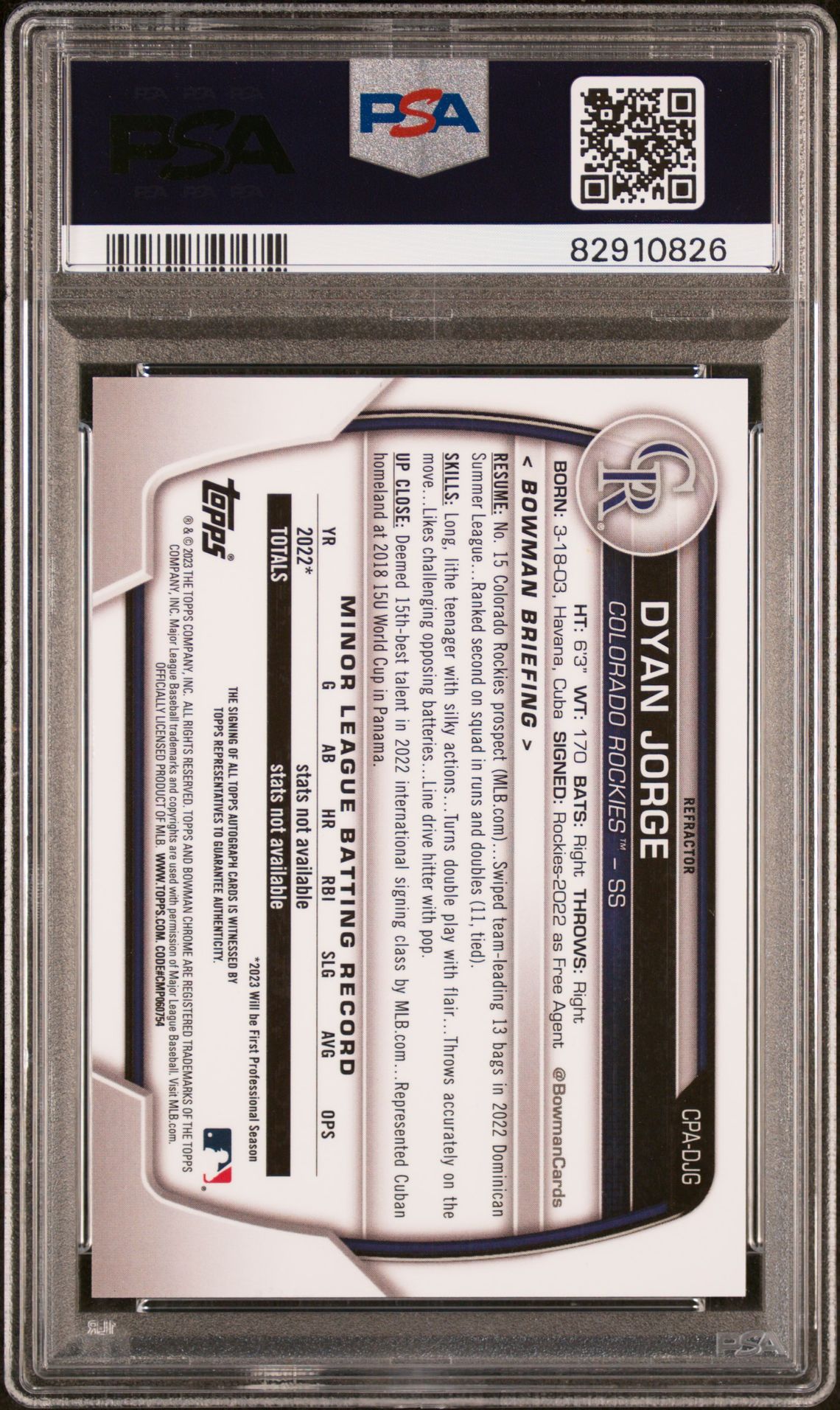 2023 Bowman Chrome Prospect Autographs Dyan Jorge #Cpadjg (Chr Pros Auto-Refractor) Gem Mt 10 back