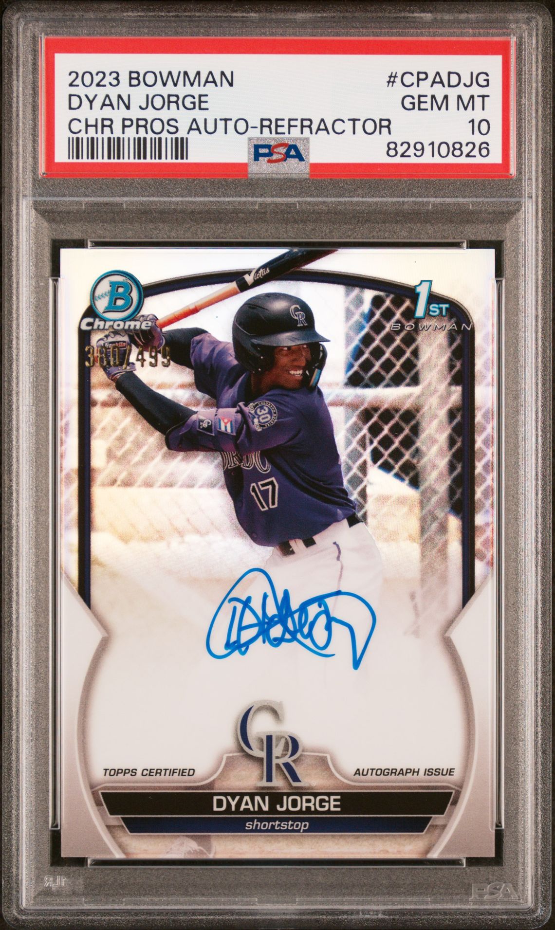 2023 Bowman Chrome Prospect Autographs Dyan Jorge #Cpadjg (Chr Pros Auto-Refractor) Gem Mt 10 front