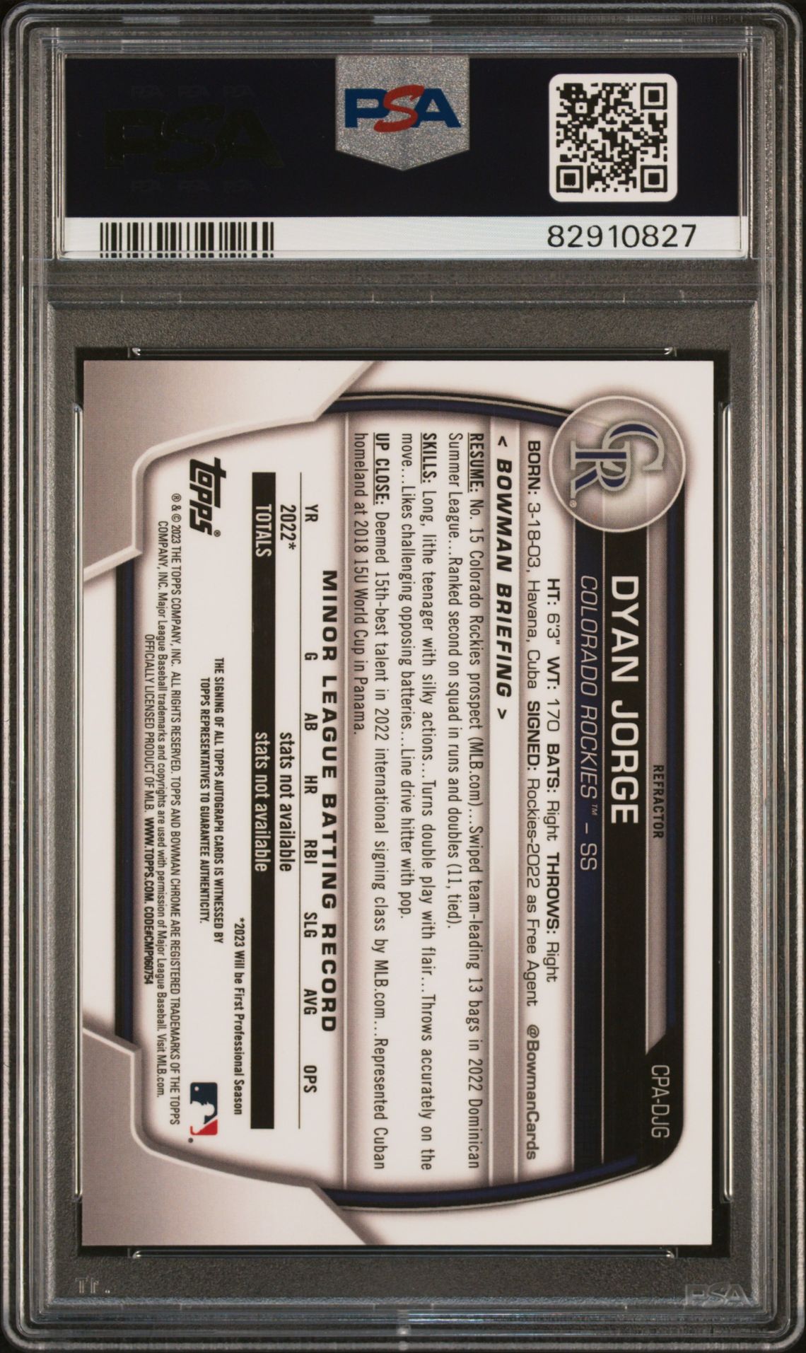 2023 Bowman Chrome Prospect Autographs Dyan Jorge #Cpadjg (Chr Pros Auto-Refractor) Gem Mt 10 back