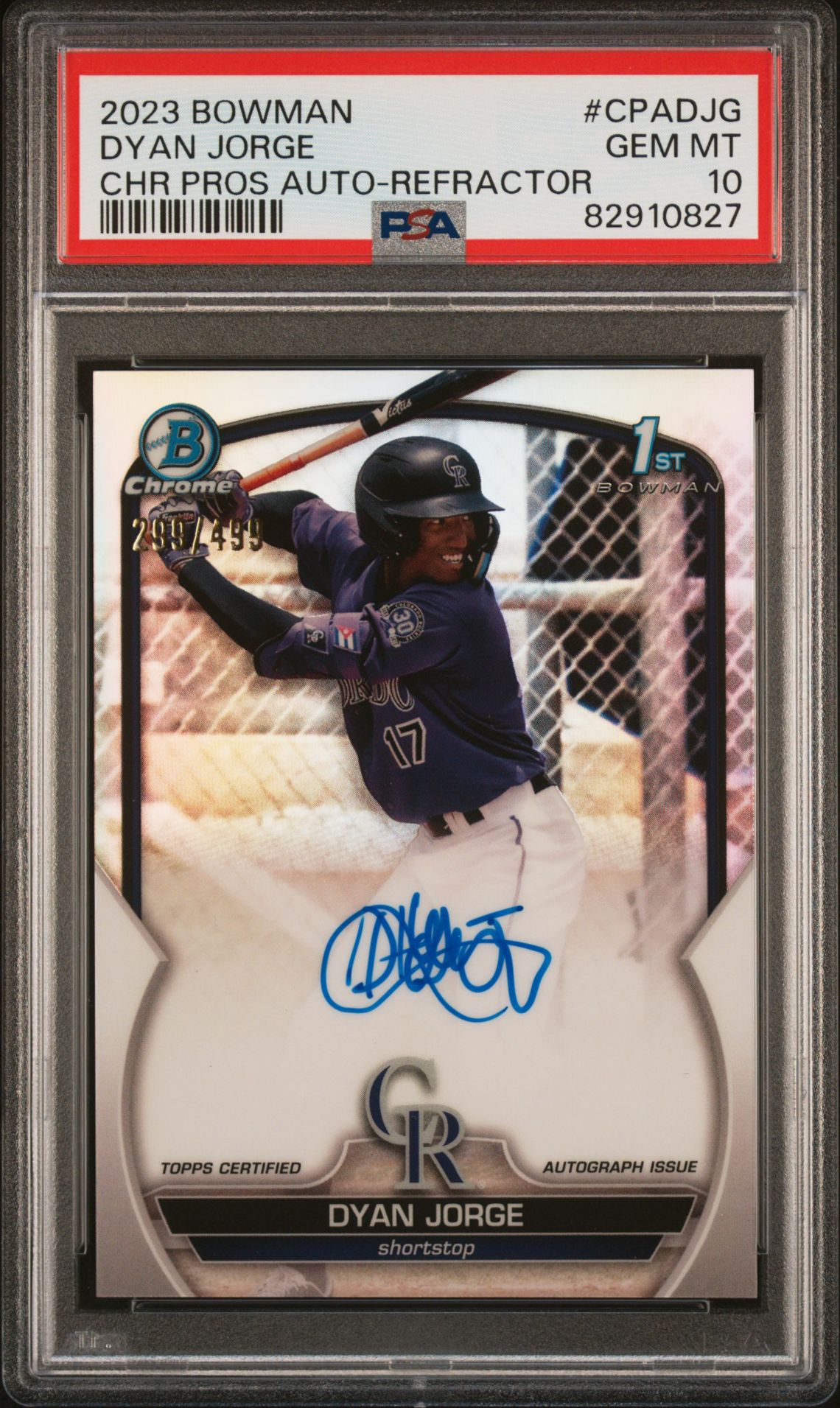 2023 Bowman Chrome Prospect Autographs Dyan Jorge #Cpadjg (Chr Pros Auto-Refractor) Gem Mt 10 front