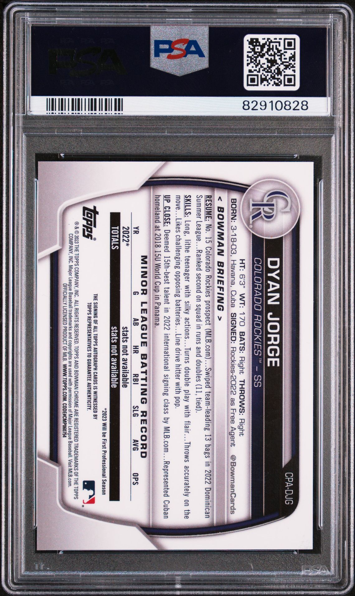 2023 BOWMAN CHROME PROSPECT AUTOGRAPHS DYAN JORGE CHR PROS AU-GREEN GRASS REF CPADJG GEM MT 10 back