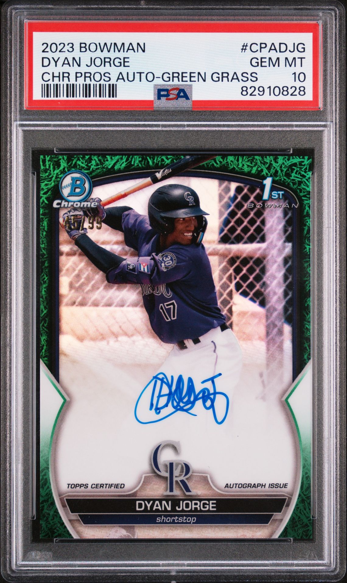 2023 BOWMAN CHROME PROSPECT AUTOGRAPHS DYAN JORGE CHR PROS AU-GREEN GRASS REF CPADJG GEM MT 10 front