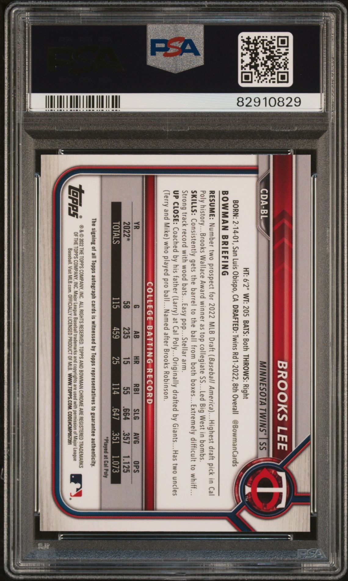 2022 Bowman Draft Chrome Draft Pick Autographs Brooks Lee #Cdabl (Chr.dp Auto-Black Ref.) Gem Mt 10 back