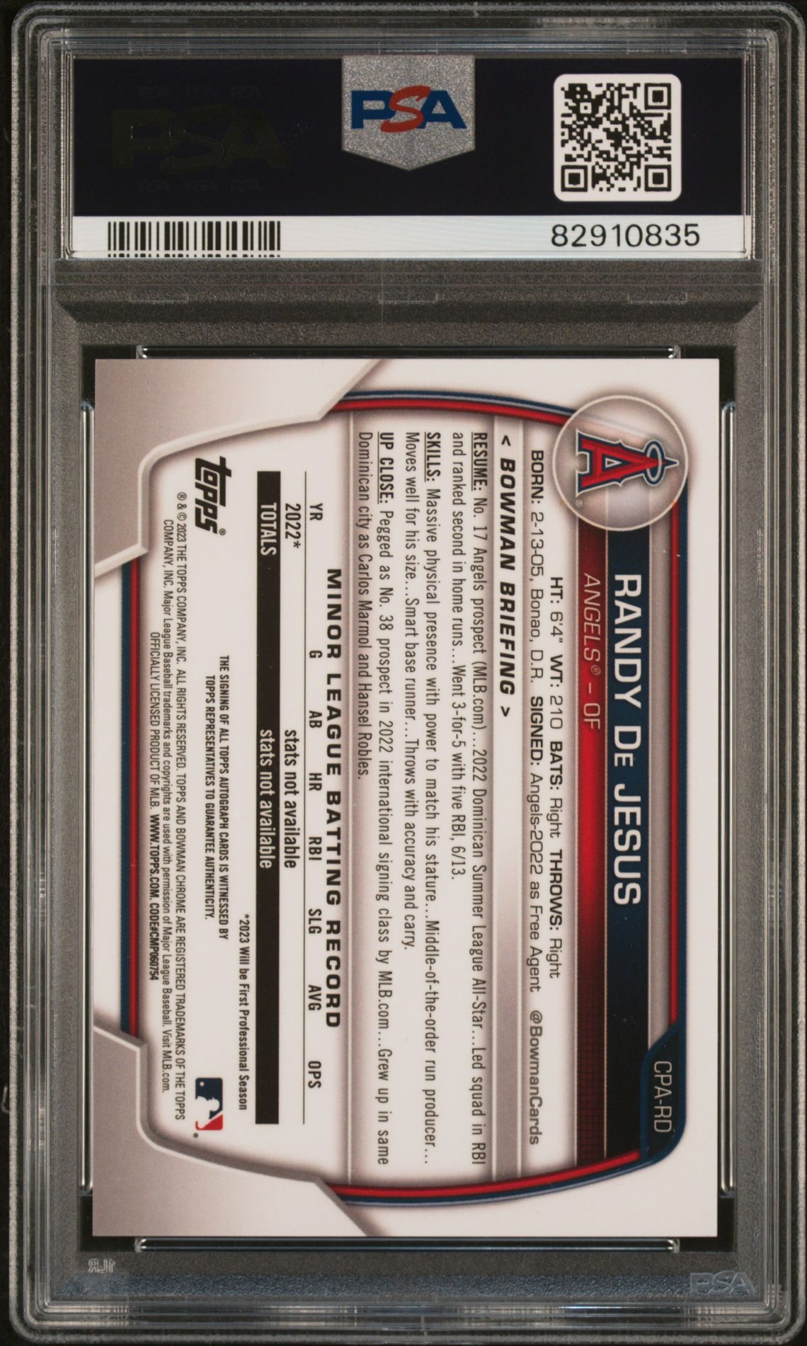 2023 Bowman Chrome Prospect Autographs Randy De Jesus #Cpard (Chr Pros Au-Blue Crater Ref) Gem Mt 10 back