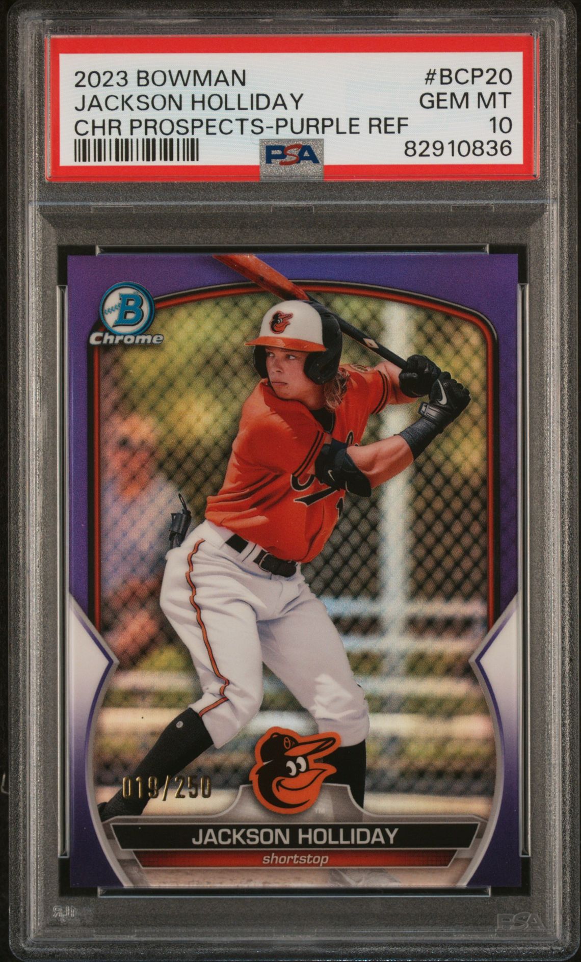 2023 Bowman Chrome Prospects Jackson Holliday #Bcp20 (Chr Prospects-Purple Ref) Gem Mt 10 front