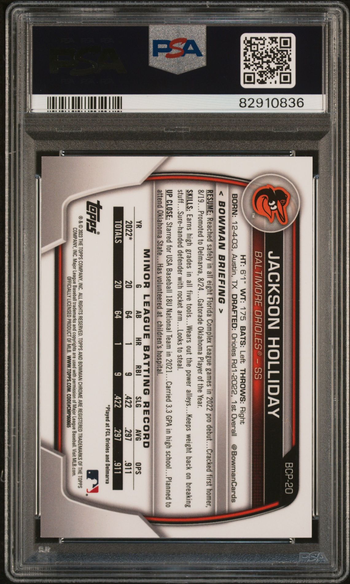 2023 Bowman Chrome Prospects Jackson Holliday #Bcp20 (Chr Prospects-Purple Ref) Gem Mt 10 back