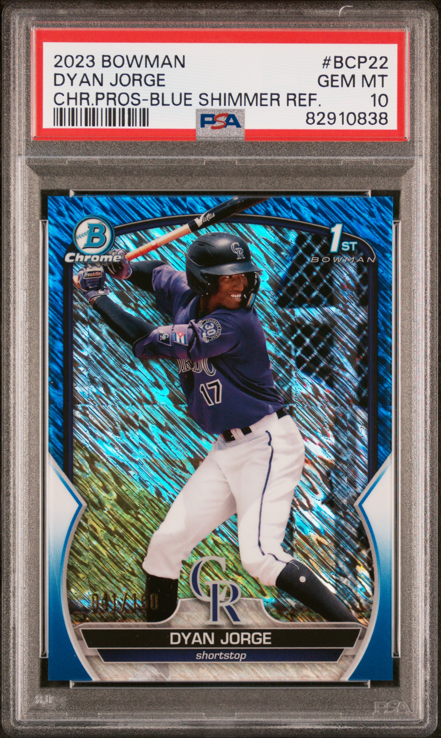 2023 Bowman Chrome Prospects Dyan Jorge #Bcp22 (Chr Prospects-Blue Shimmer) Gem Mt 10 front
