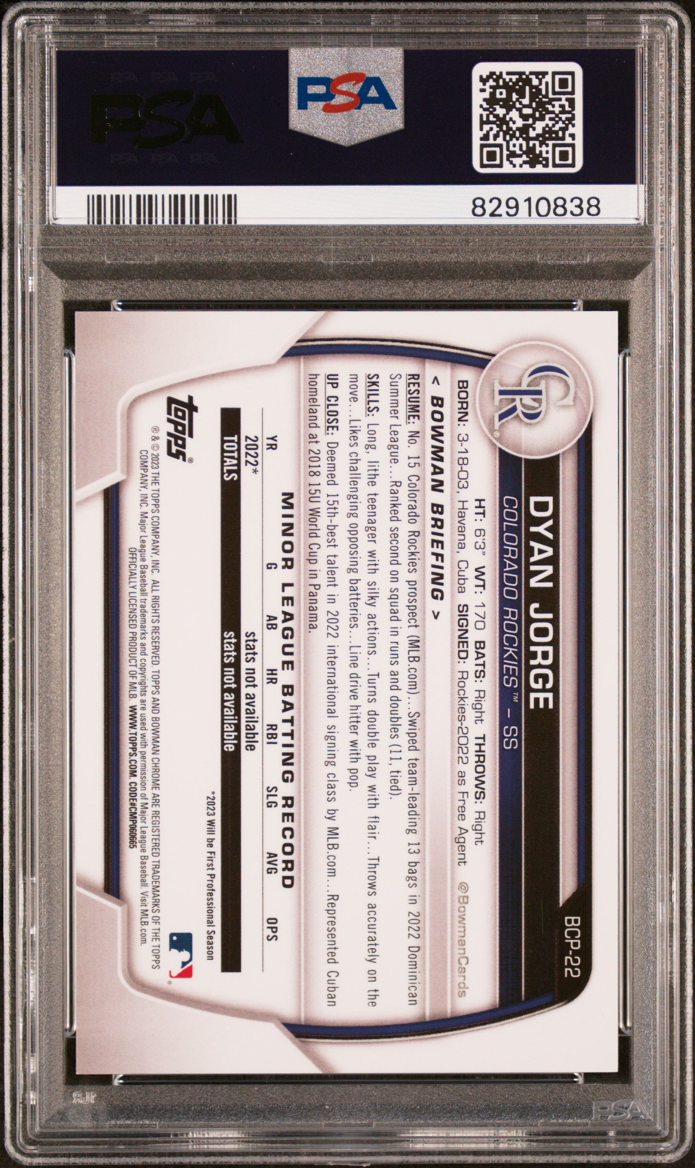 2023 Bowman Chrome Prospects Dyan Jorge #Bcp22 (Chr Prospects-Blue Shimmer) Gem Mt 10 back