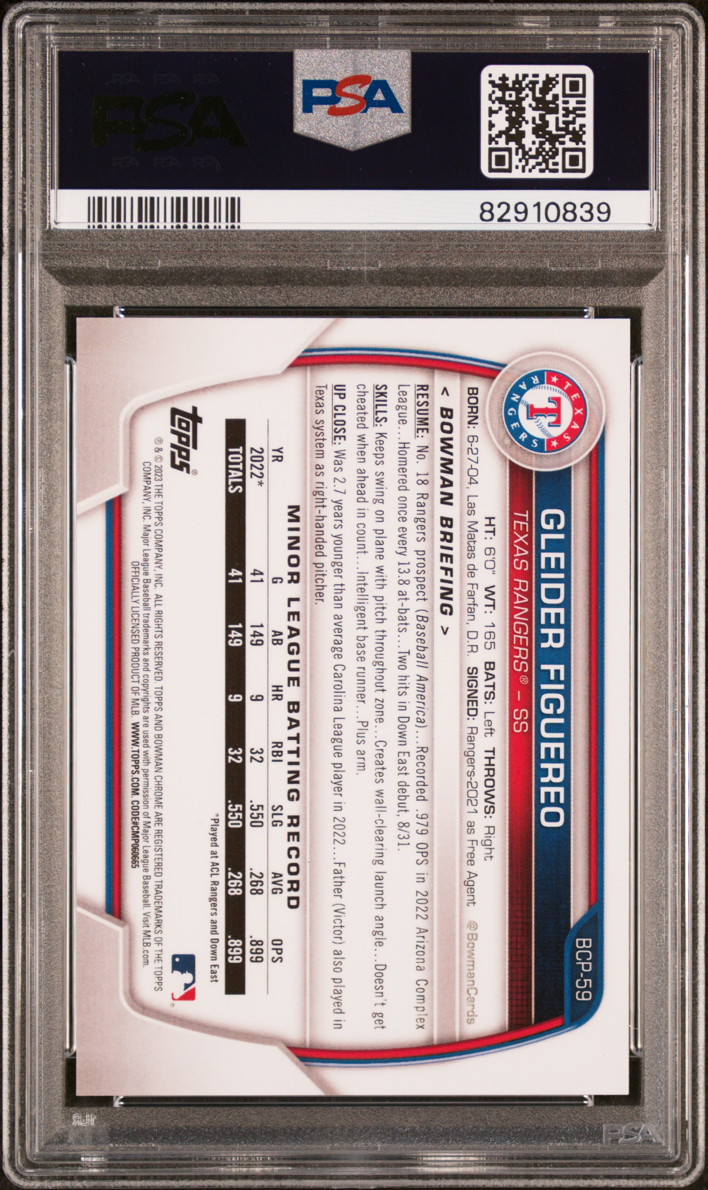 2023 Bowman Chrome Prospects Gleider Figuereo #Bcp59 (Chr Pros-Rose Gold Lava) Mint 9 back