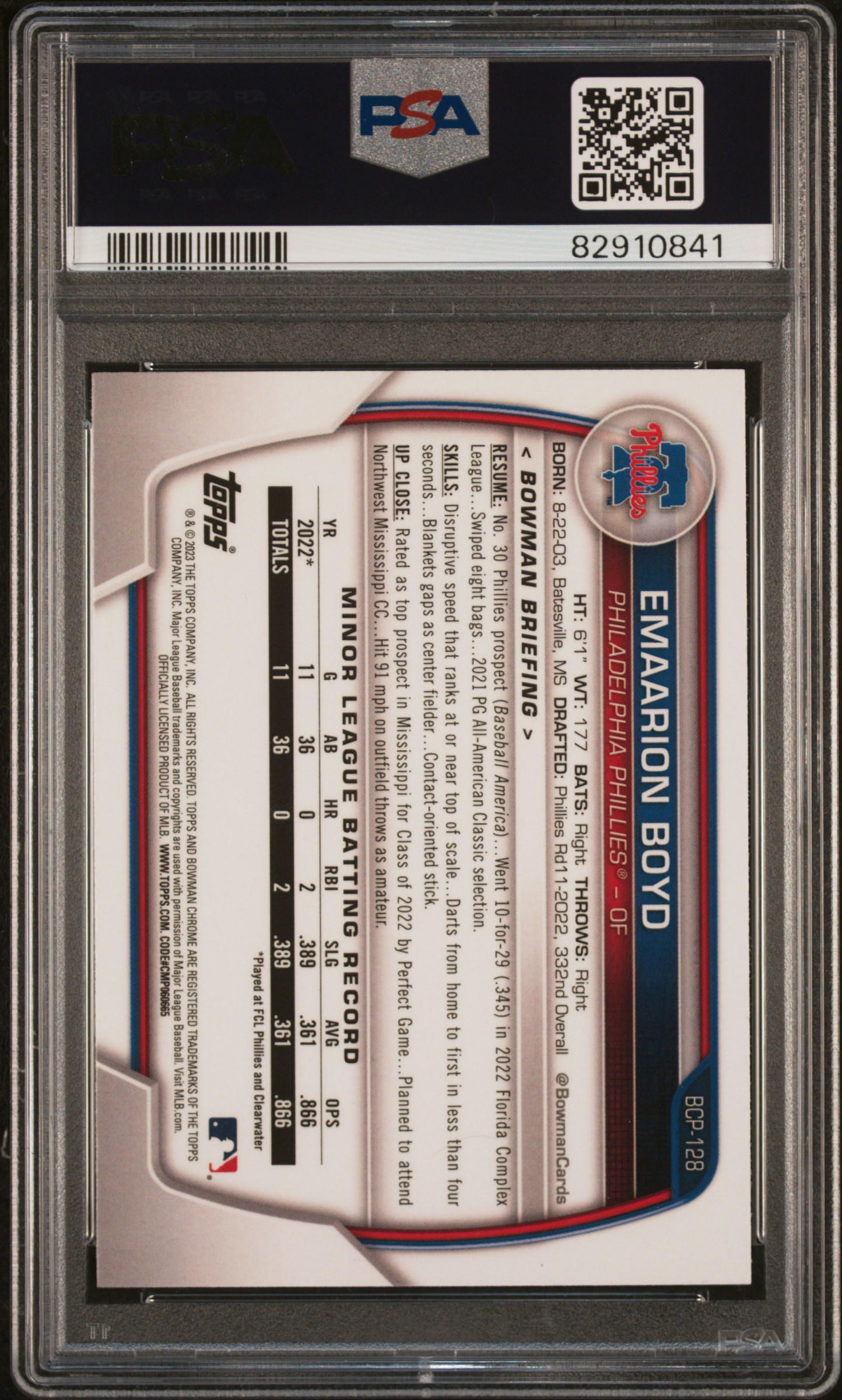 2023 Bowman Chrome Prospects Emaarion Boyd #Bcp128 (Chrome Prospects-Pearl Ref) Mint 9 back