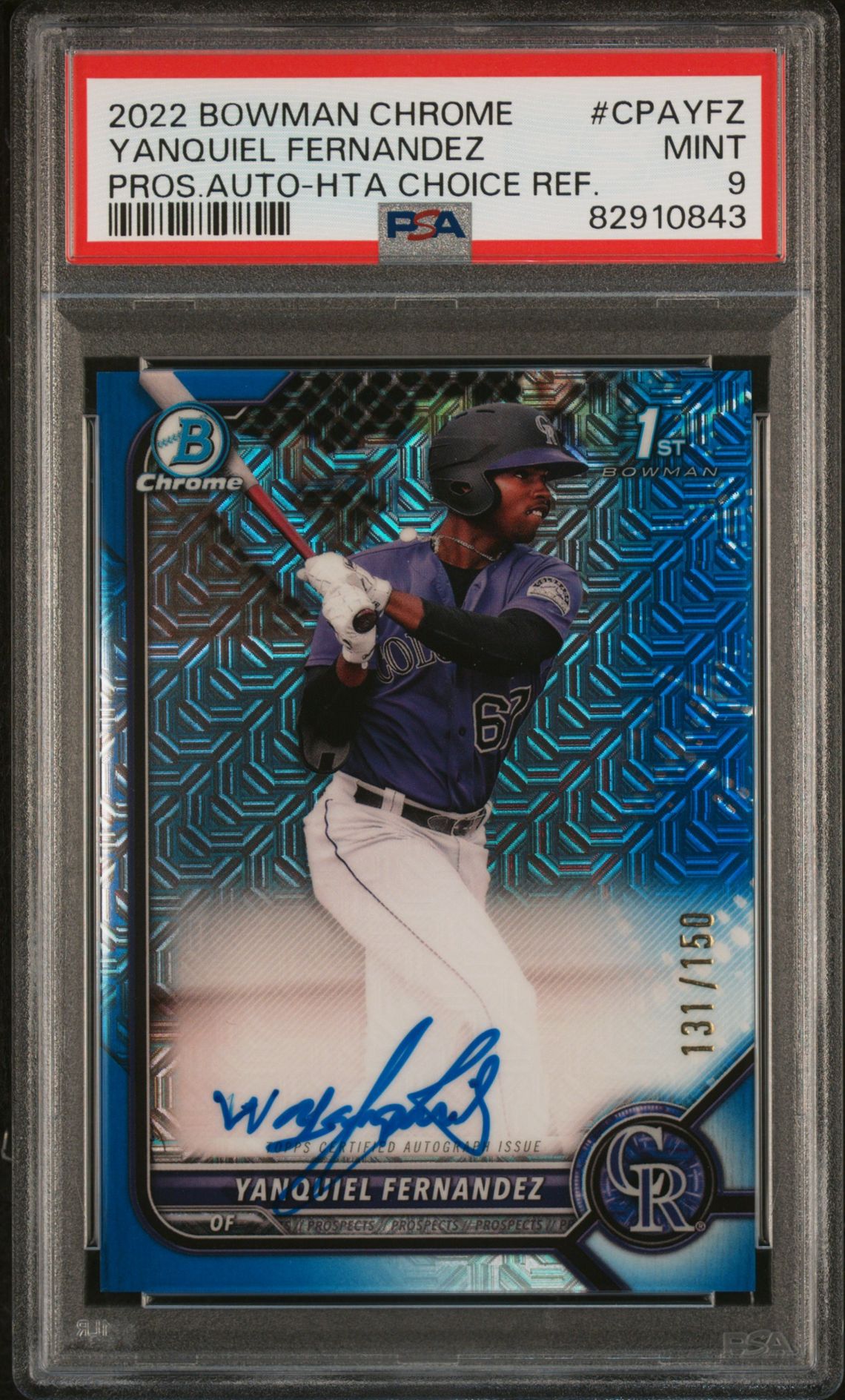 2022 Bowman Chrome Prospect Autographs Yanquiel Fernandez #Cpayfz (Pros.auto-Hta Choice Ref.) Mint 9 front