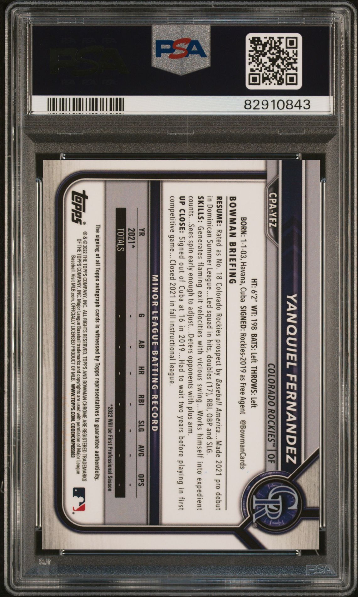 2022 Bowman Chrome Prospect Autographs Yanquiel Fernandez #Cpayfz (Pros.auto-Hta Choice Ref.) Mint 9 back