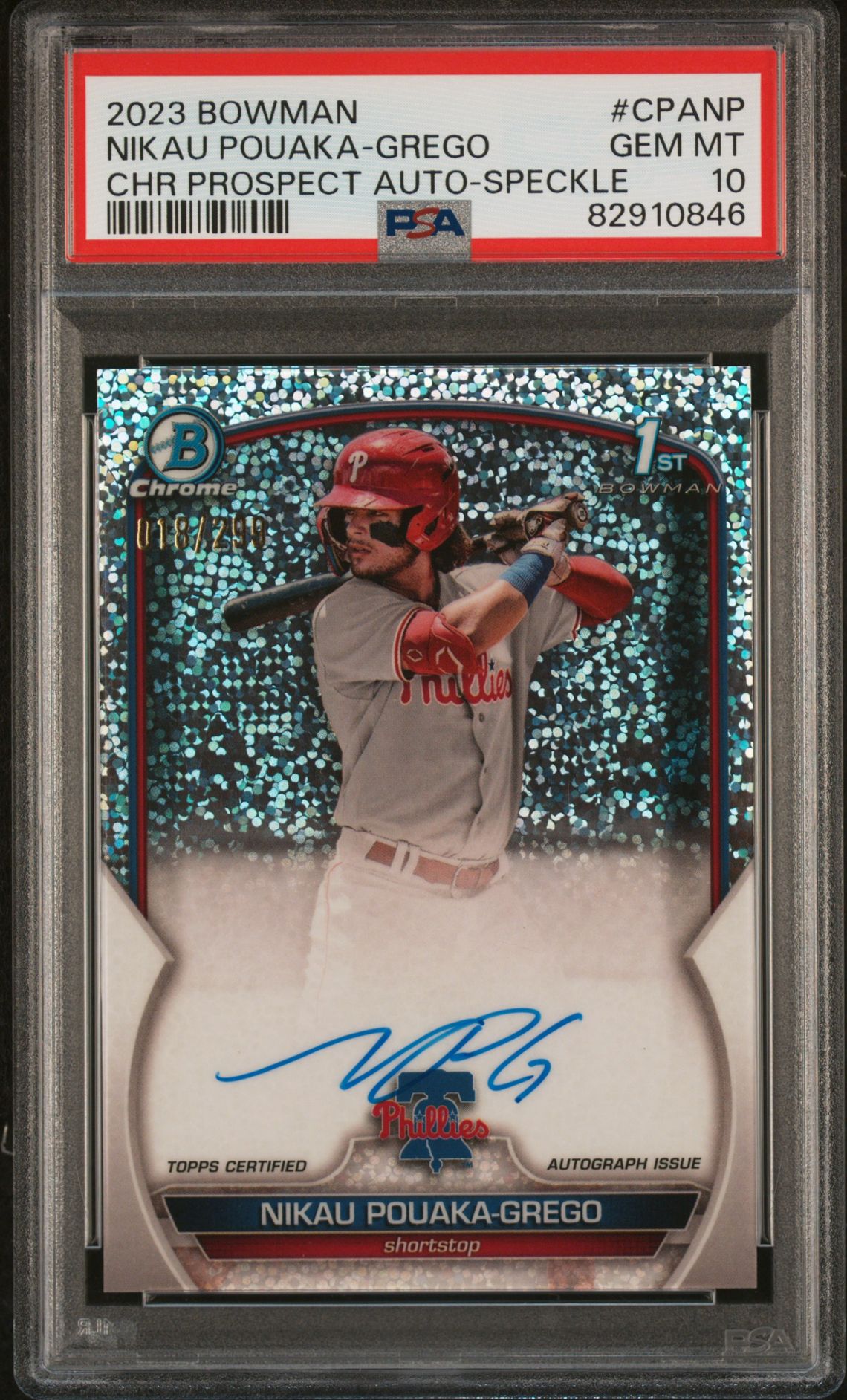 2023 Bowman Chrome Prospect Autographs Nikau Pouaka-Grego #Cpanp (Chr Prospect Au-Speckle Ref) Gem Mt 10 front view - PSA graded GEM MT 10