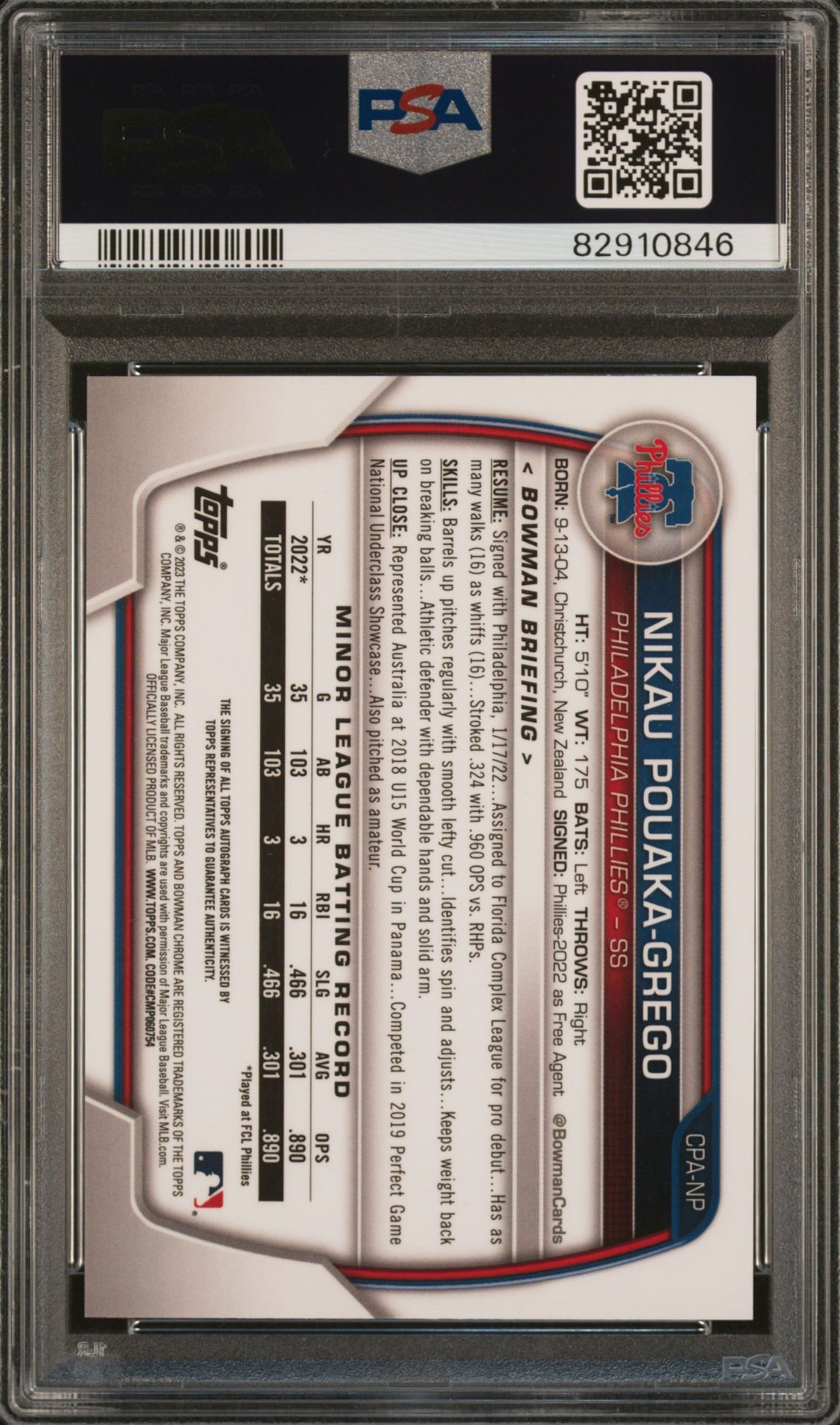 2023 Bowman Chrome Prospect Autographs Nikau Pouaka-Grego #Cpanp (Chr Prospect Au-Speckle Ref) Gem Mt 10 back view - PSA certificate #82910846