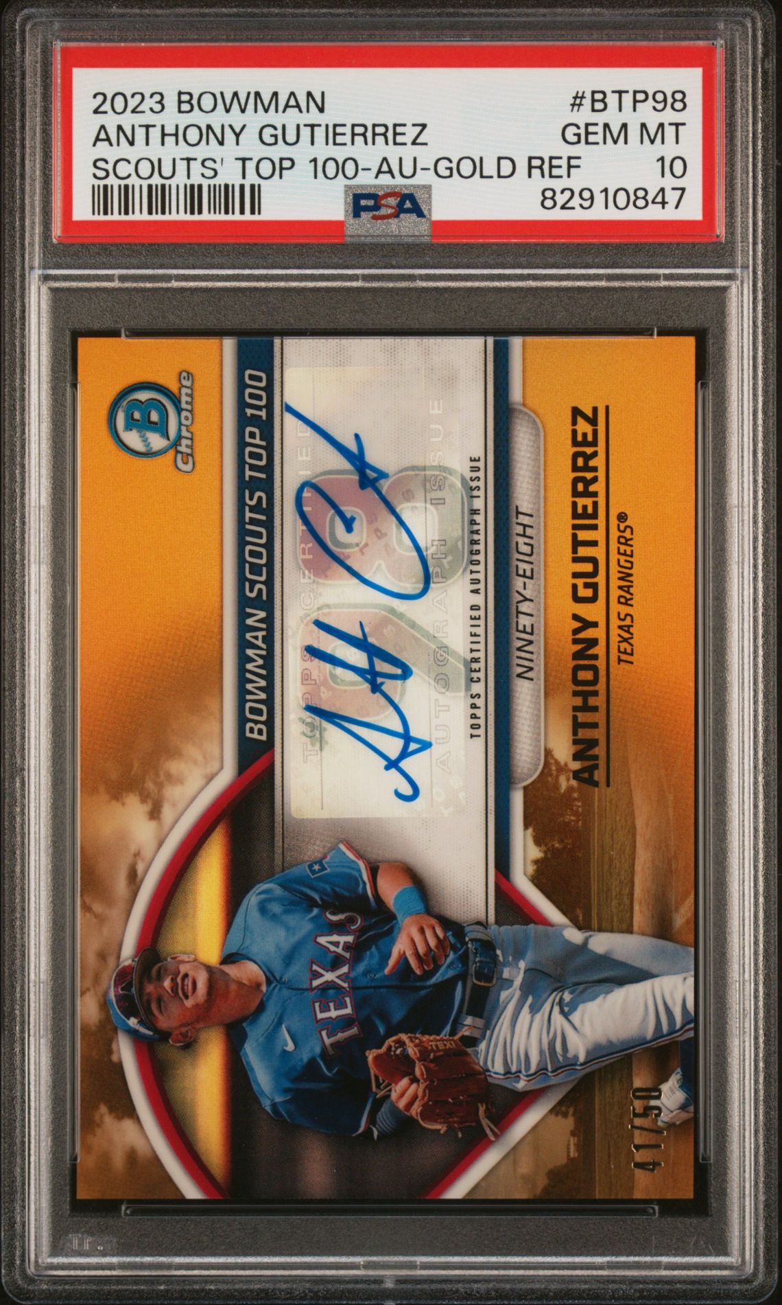 2023 Bowman Scouts' Top 100 Anthony Gutierrez #Btp98 (Scouts' Top 100-Au-Gold Ref) Gem Mt 10 front view - PSA graded GEM MT 10