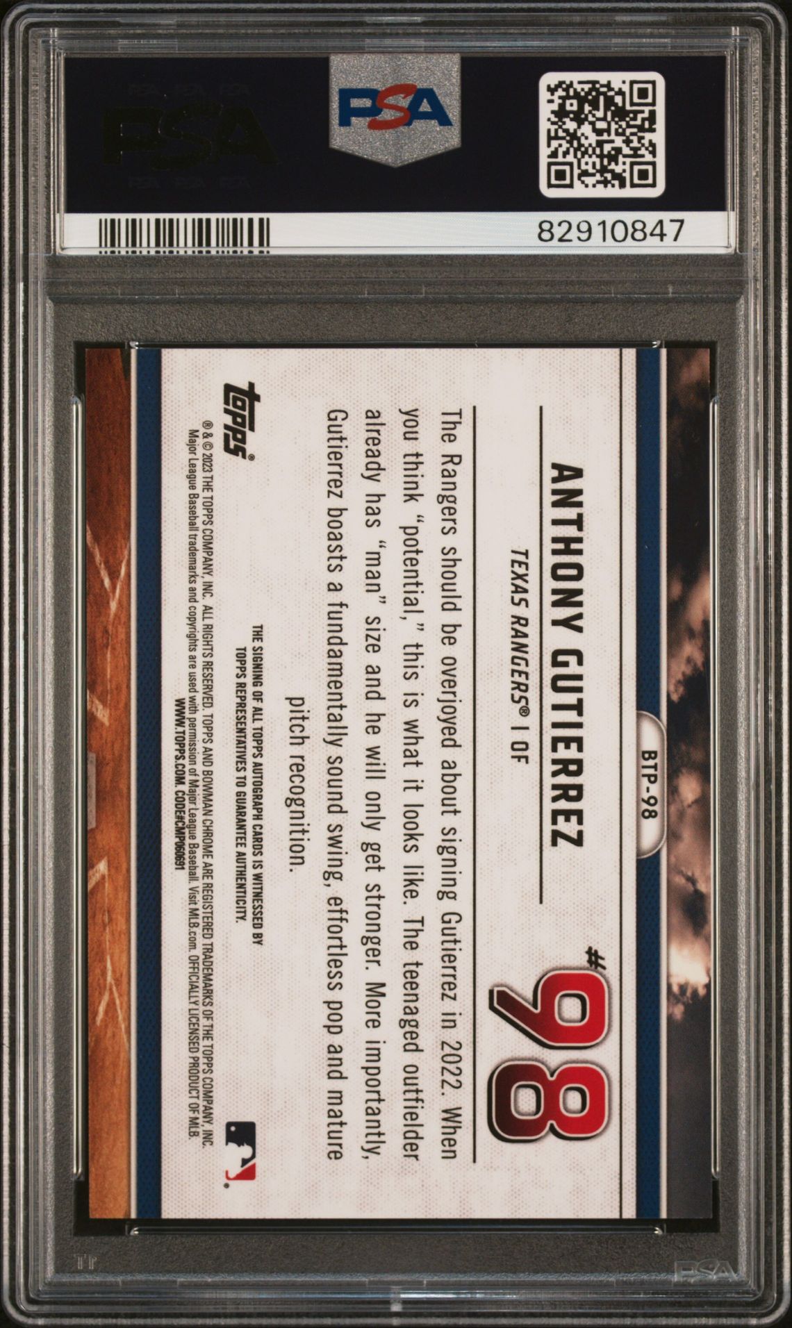 2023 Bowman Scouts' Top 100 Anthony Gutierrez #Btp98 (Scouts' Top 100-Au-Gold Ref) Gem Mt 10 back view - PSA certificate #82910847