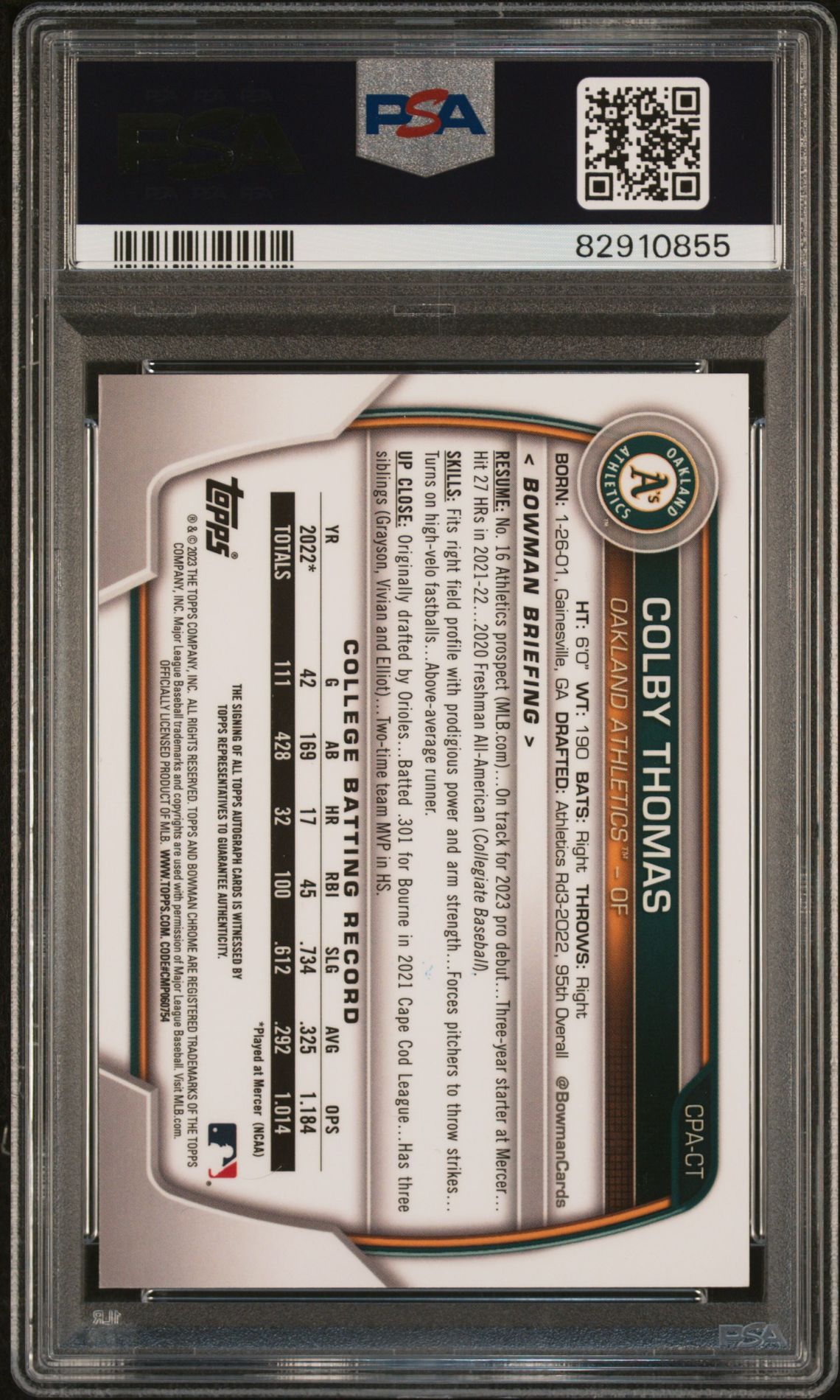 2023 Bowman Chrome Prospect Autographs Colby Thomas #Cpact (Chr Prospect Au-Orange Ref) Nm-Mt 8 back