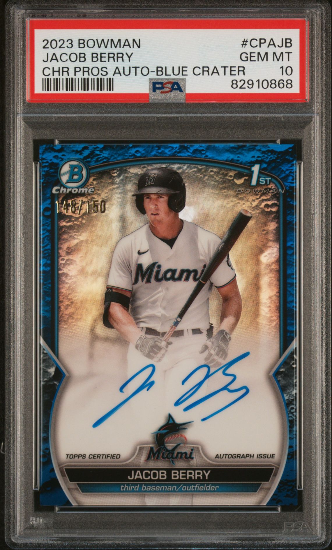2023 Bowman Chrome Prospect Autographs Jacob Berry #Cpajb (Chr Pros Au-Blue Crater Ref) Gem Mt 10 front view - PSA graded GEM MT 10