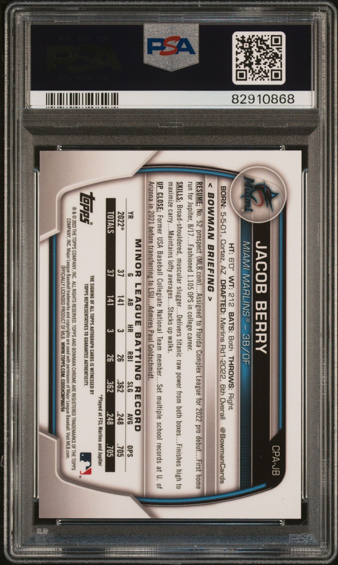 2023 Bowman Chrome Prospect Autographs Jacob Berry #Cpajb (Chr Pros Au-Blue Crater Ref) Gem Mt 10 back view - PSA certificate #82910868