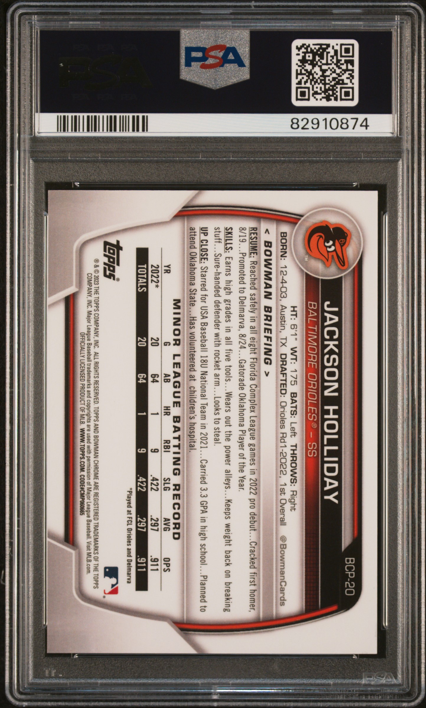 2023 Bowman Chrome Prospects Jackson Holliday #Bcp20 (Chr Prospects-Speckle Ref) Gem Mt 10 back