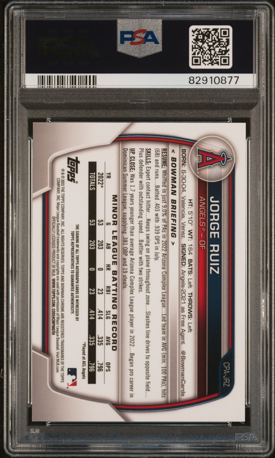 2023 BOWMAN CHROME PROSPECT AUTOGRAPHS JORGE RUIZ CHR PROS AUTO-ORG SHIMMER CPAJRZ GEM MT 10 back