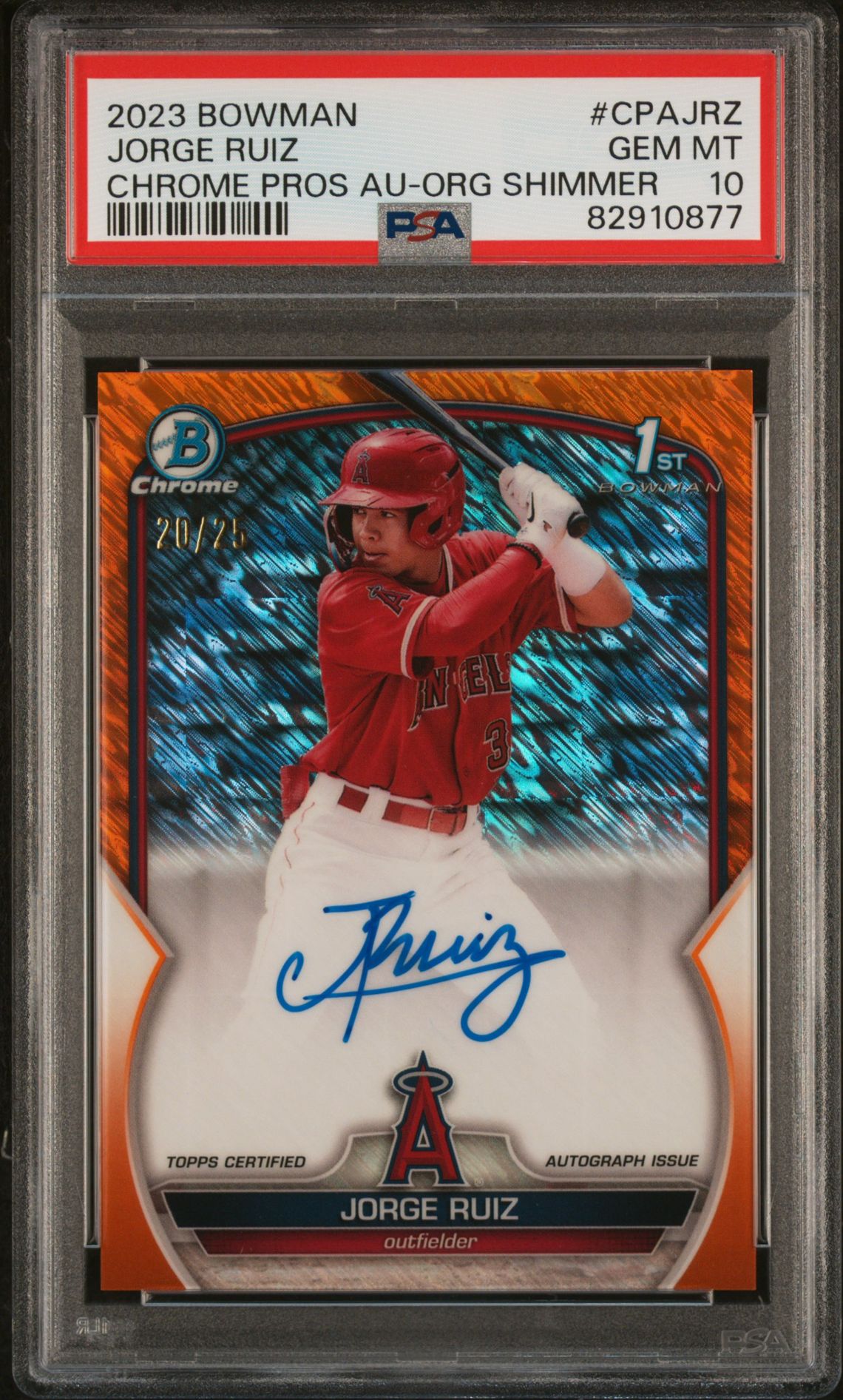 2023 BOWMAN CHROME PROSPECT AUTOGRAPHS JORGE RUIZ CHR PROS AUTO-ORG SHIMMER CPAJRZ GEM MT 10 front