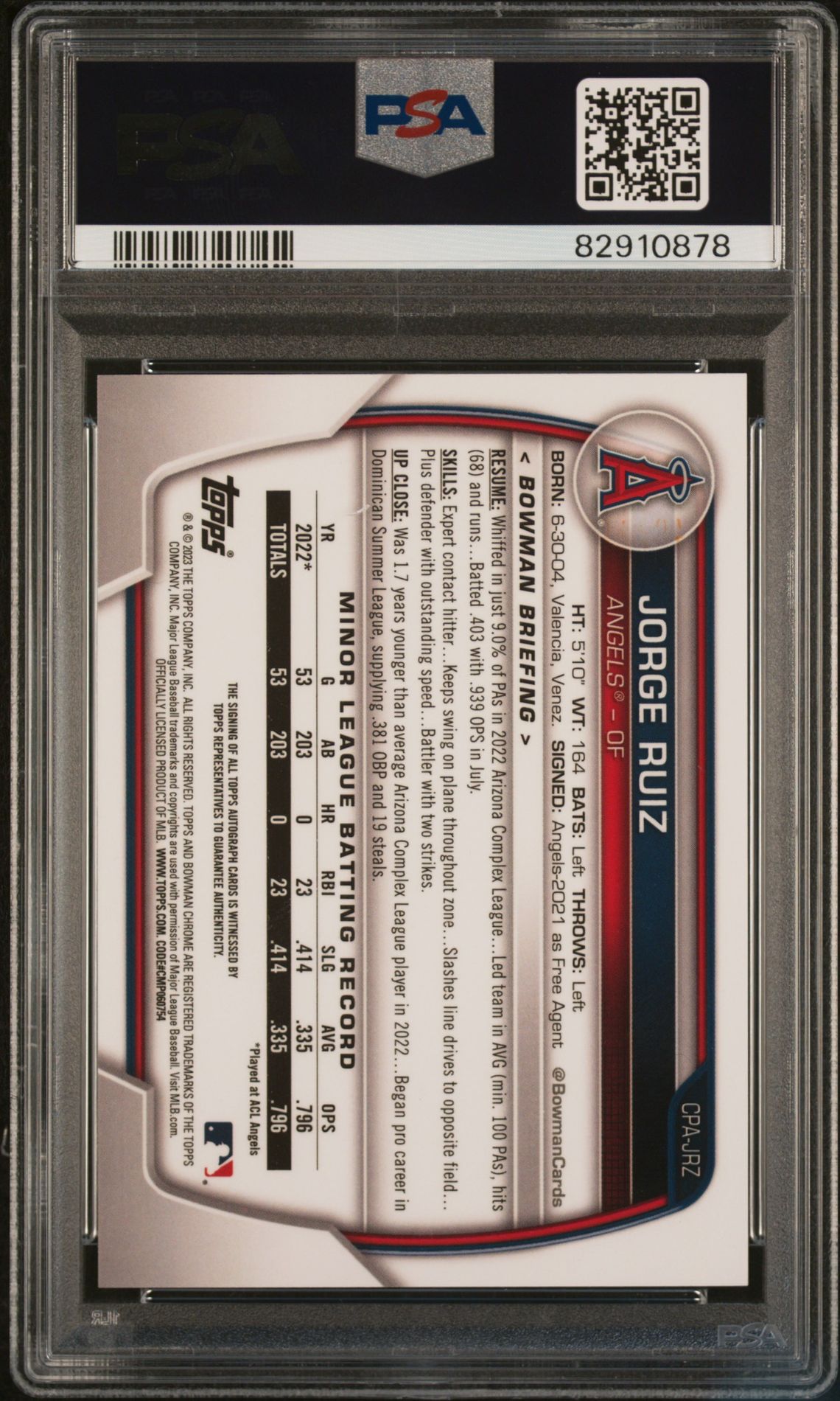 2023 Bowman Chrome Prospect Autographs Jorge Ruiz #Cpajrz (Chrome Pros Au-Atomic Ref) Gem Mt 10 back view - PSA certificate #82910878