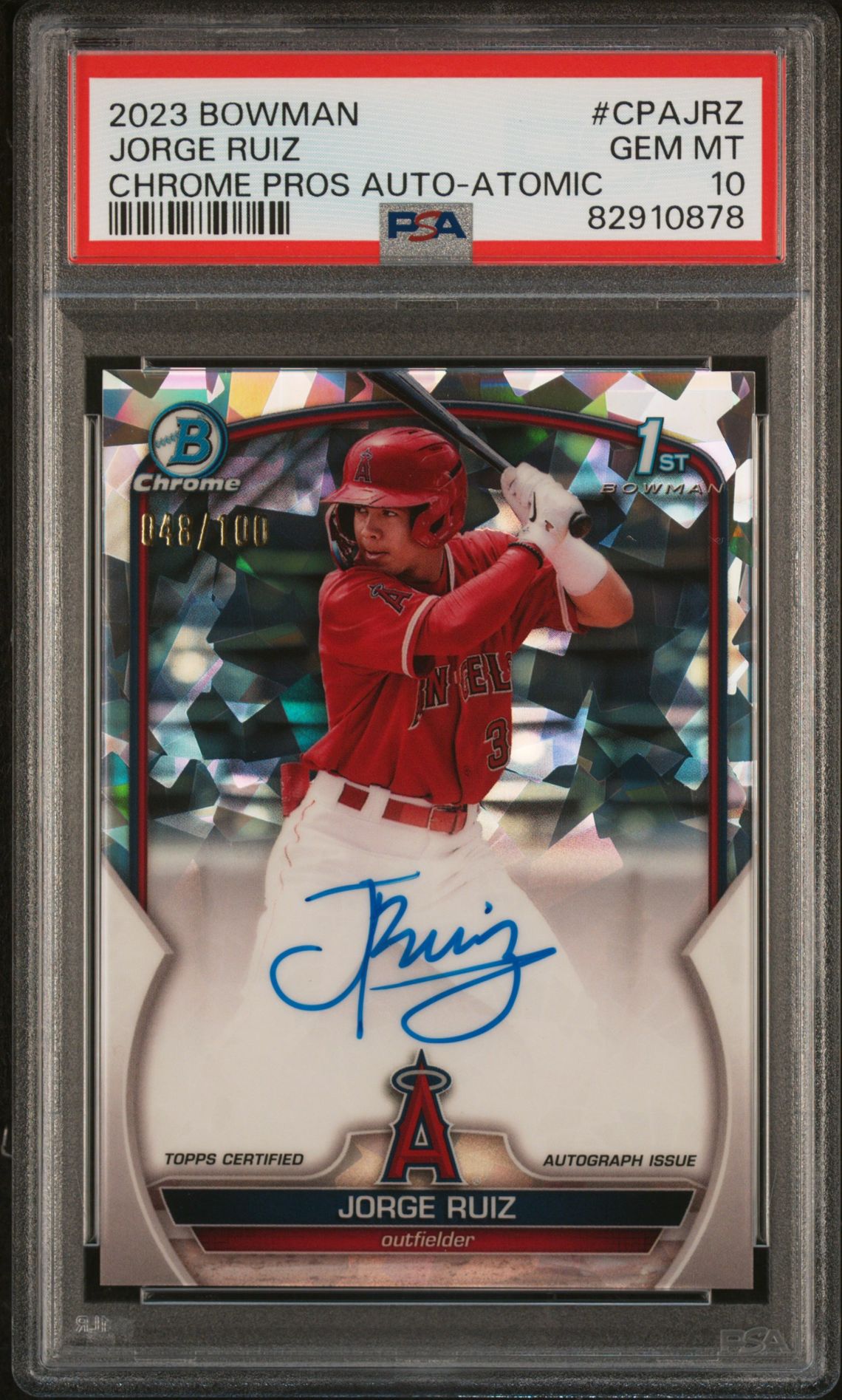 2023 Bowman Chrome Prospect Autographs Jorge Ruiz #Cpajrz (Chrome Pros Au-Atomic Ref) Gem Mt 10 front view - PSA graded GEM MT 10