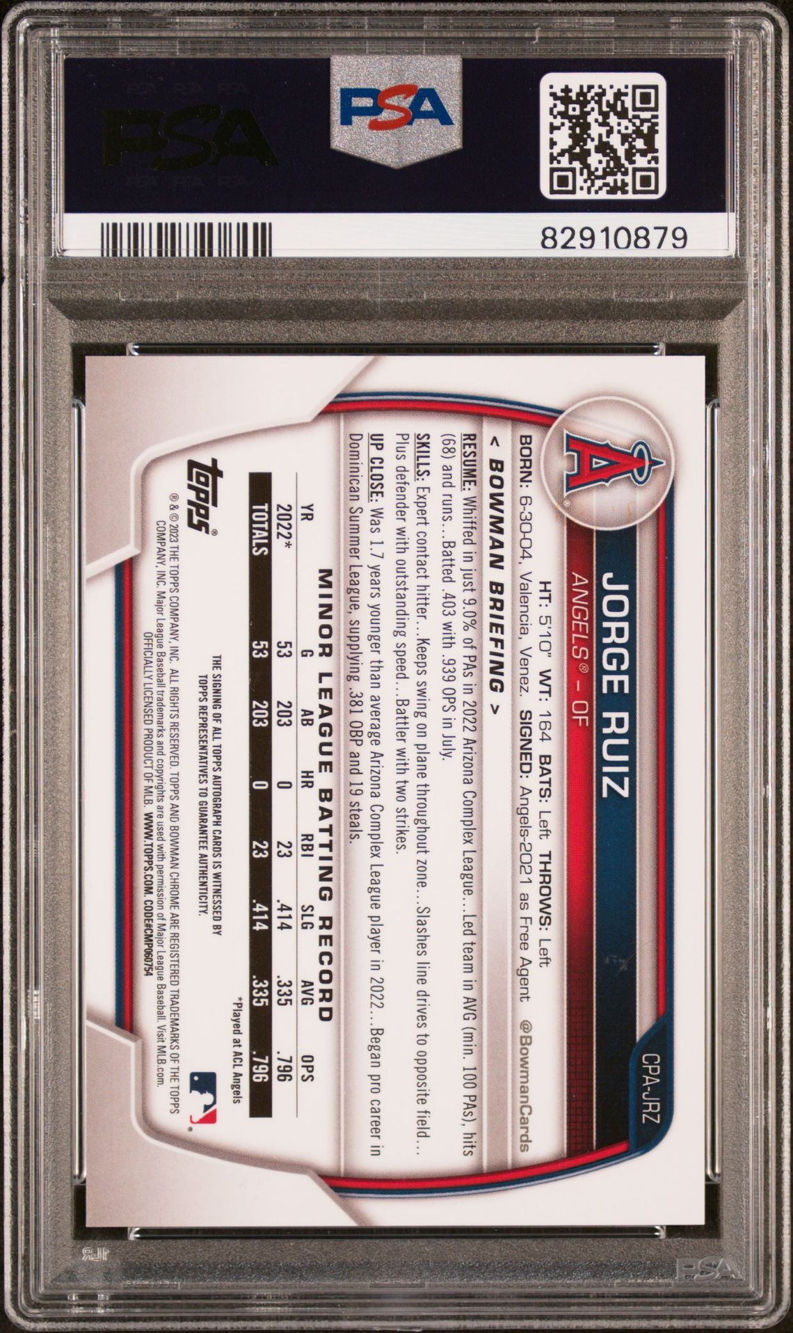 2023 Bowman Chrome Prospect Autographs Jorge Ruiz #Cpajrz (Chr Prospect Auto-Blue Ref) Gem Mt 10 back
