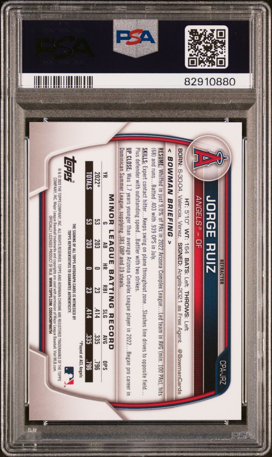 2023 Bowman Chrome Prospect Autographs Jorge Ruiz #Cpajrz (Chr Pros Auto-Refractor) Gem Mt 10 back