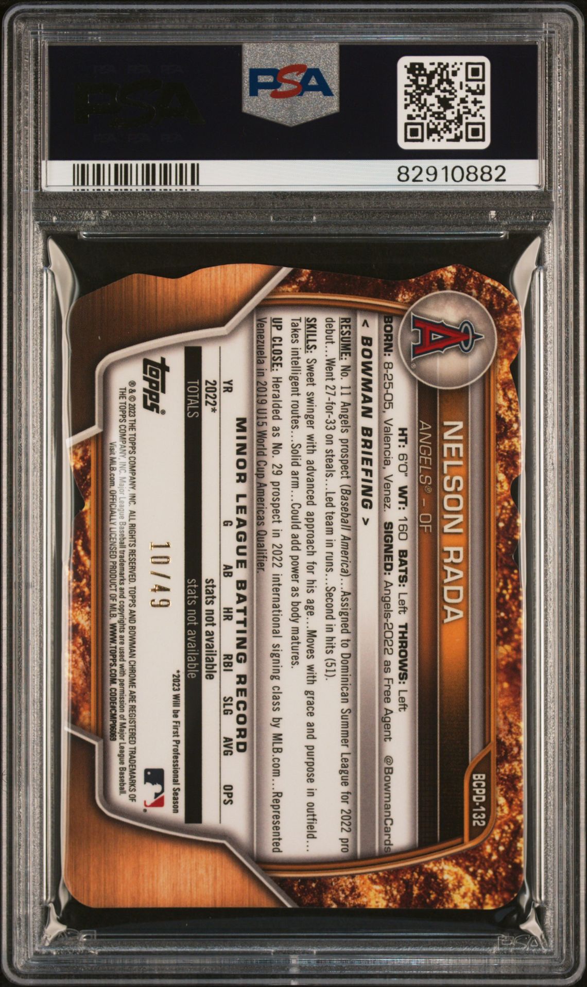 2023 Bowman Chrome Prospects Nelson Rada #Bcpd132 (Chrome Pros-Special Die-Cut) Gem Mt 10 back view - PSA certificate #82910882