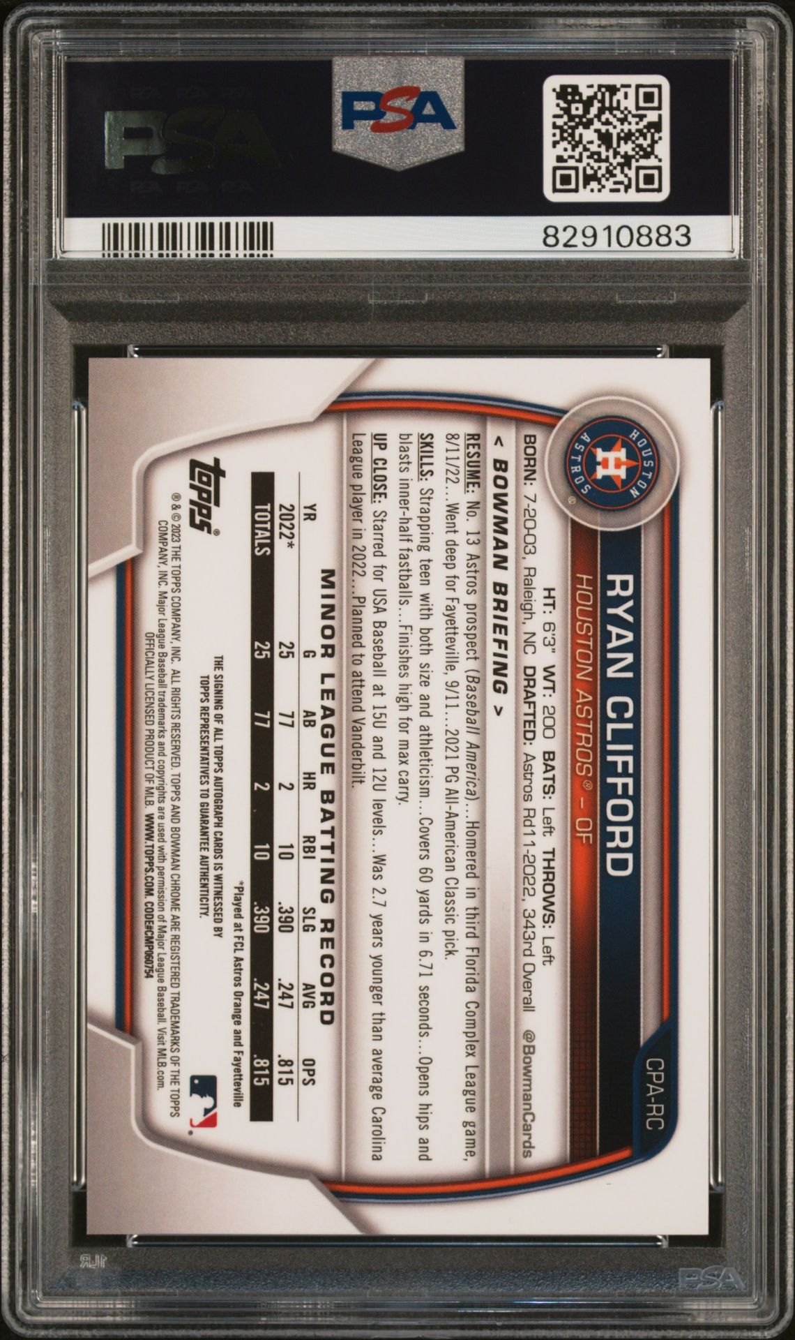 2023 Bowman Chrome Prospect Autographs Ryan Clifford #Cparc (Chrome Prospect Auto) Gem Mt 10 back view - PSA certificate #82910883