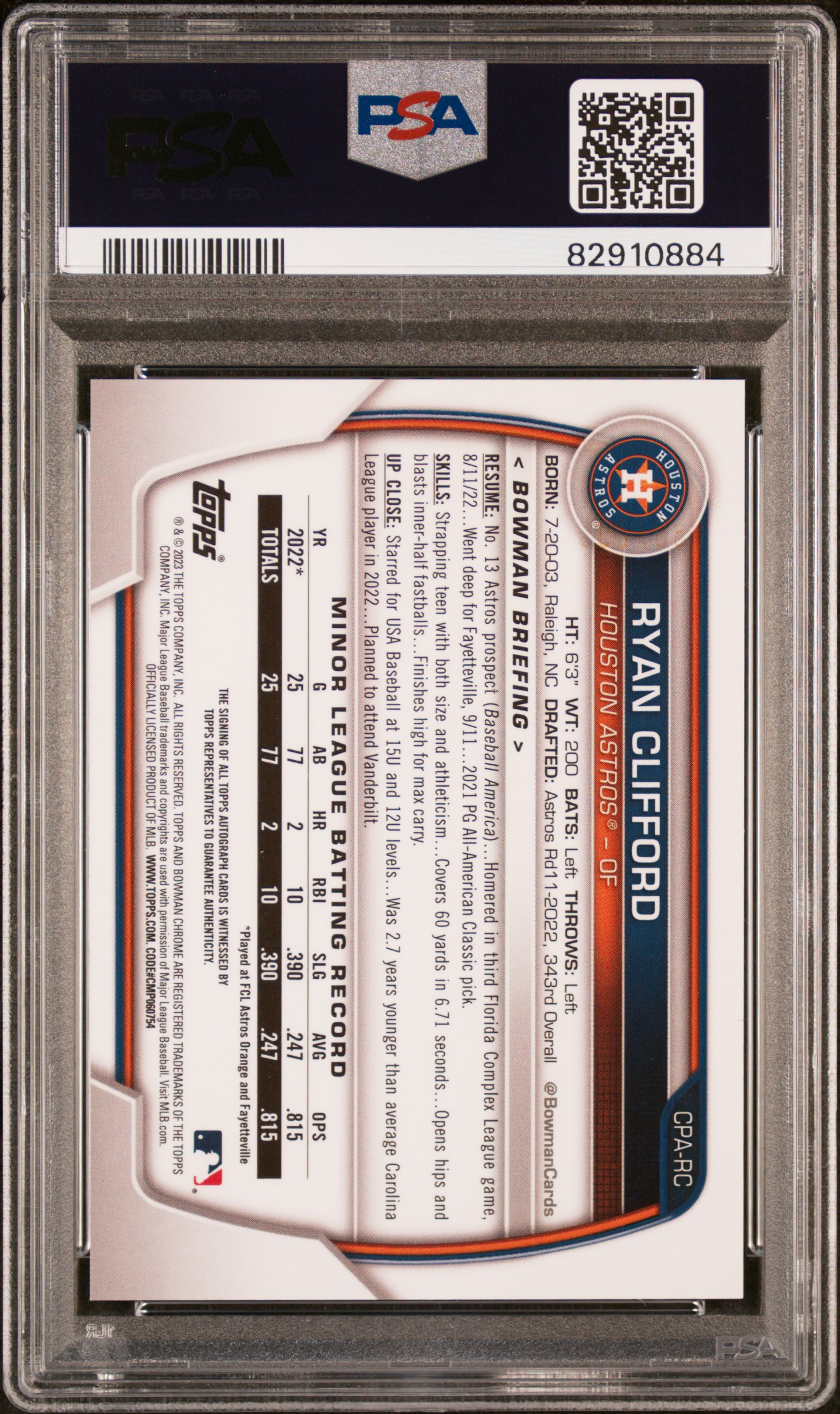 2023 Bowman Chrome Prospect Autographs Ryan Clifford #Cparc (Chr Prospect Au-Speckle Ref) Gem Mt 10 back