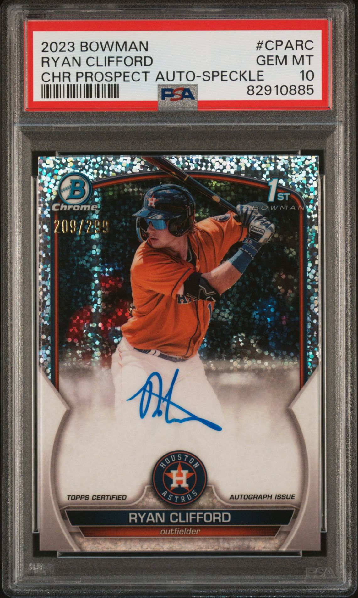 2023 Bowman Chrome Prospect Autographs Ryan Clifford #Cparc (Chr Prospect Au-Speckle Ref) Gem Mt 10 front view - PSA graded GEM MT 10