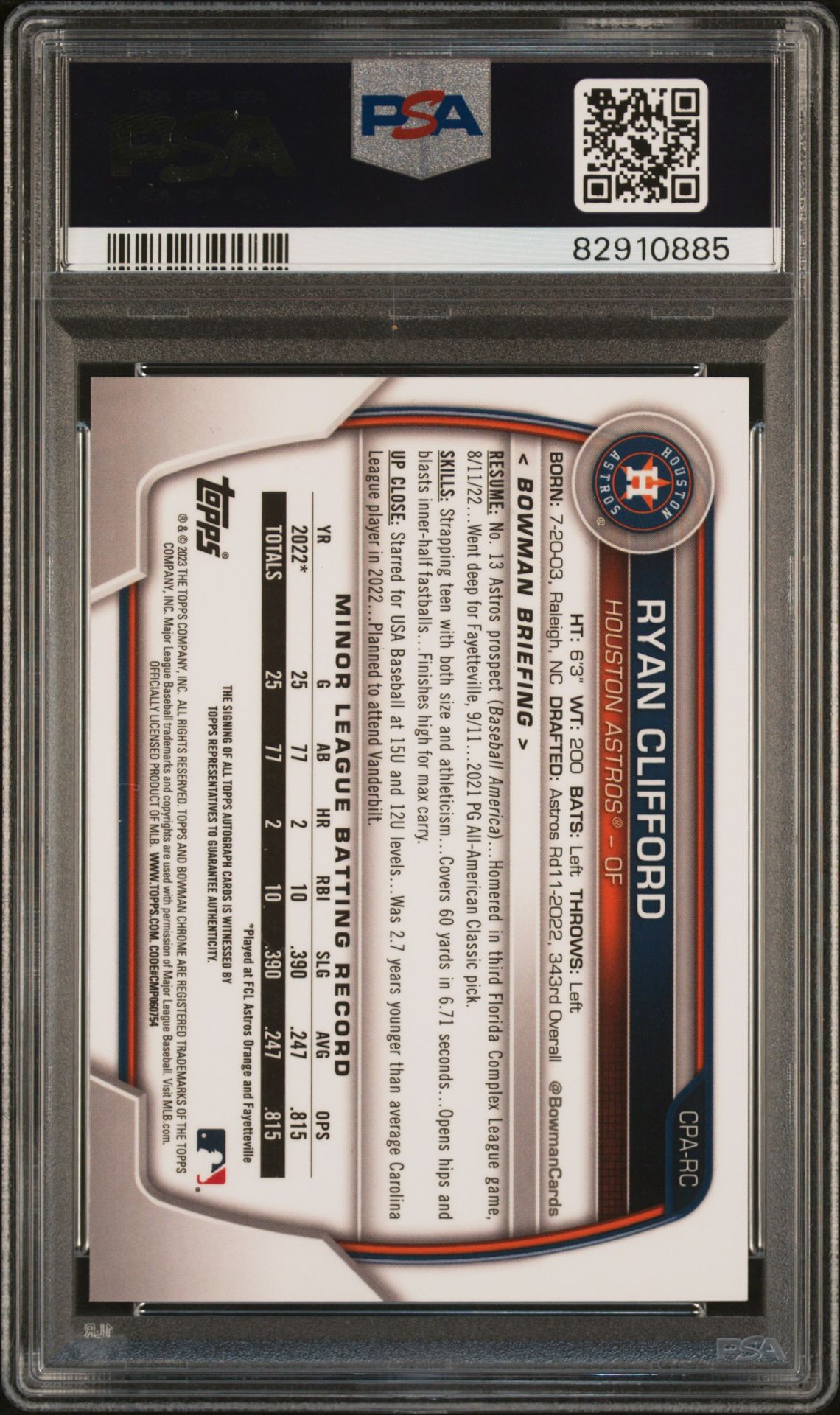 2023 Bowman Chrome Prospect Autographs Ryan Clifford #Cparc (Chr Prospect Au-Speckle Ref) Gem Mt 10 back view - PSA certificate #82910885