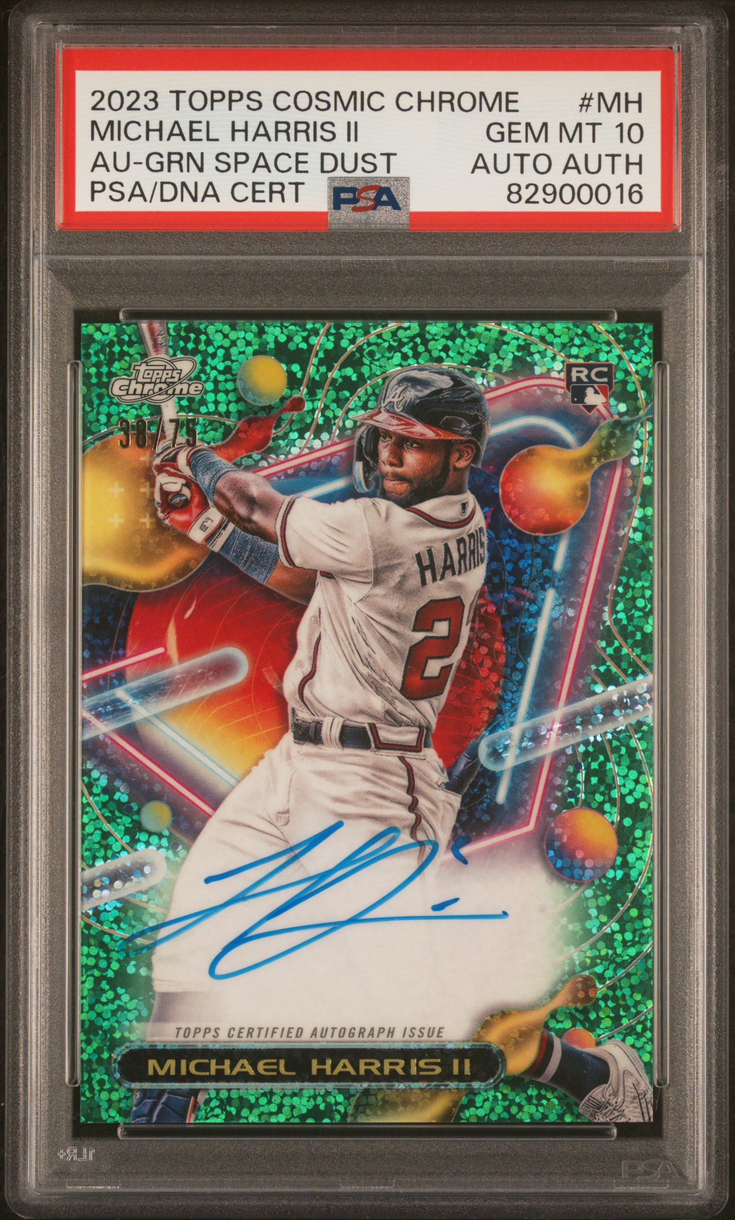 2023 Topps Cosmic Chrome Cosmic Chrome Autograph Green Space Dust #MH Michael Harris II Signed Rookie Card (#38/75) – PSA GEM MT 10, PSA/DNA Authentic