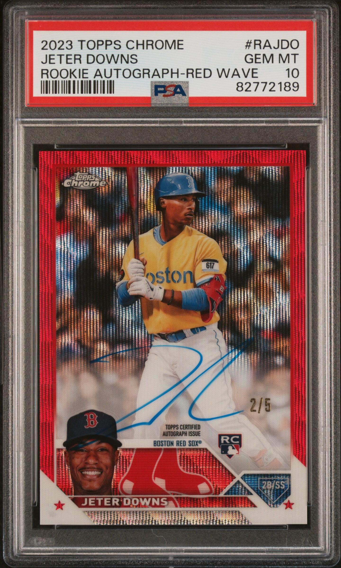 2023 Topps Chrome Rookie Autograph Red Wave #RA-JDO Jeter Downs Signed Rookie Card (#2/5)– PSA GEM MT 10